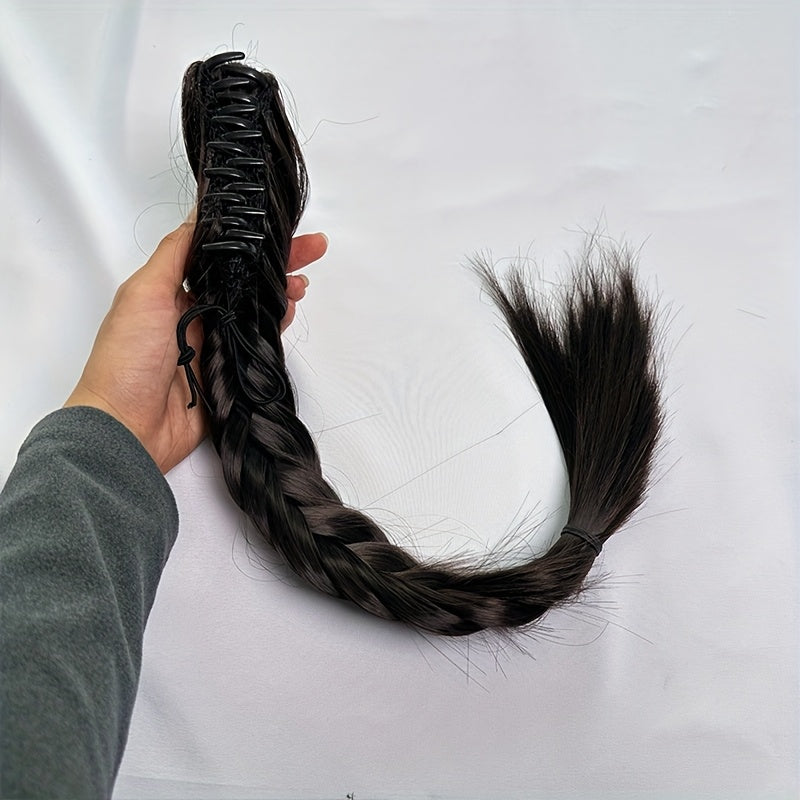 Large Claw Clip Long Handmade Braided Fishbone Ponytail Extension, High Temperature Fiber, Elegant Style for Wome