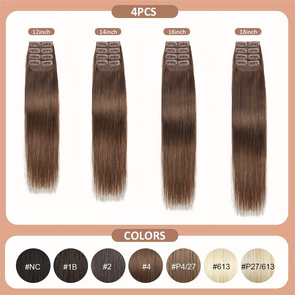 4pcs with 8 Clips Straight Clip In Hair Extensions 100% Real Human Hair Light Brown 12-18 Inch Double Weft Invisiable Clip Hair Extensions Remy Natural Human Hair for Women Girl Daily Full Head Use