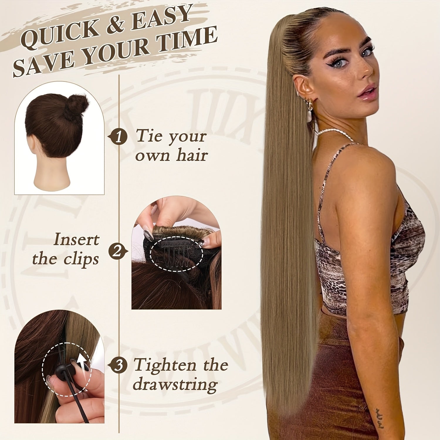 BARSDAR Brown Ponytail Extension, 86.36 cm Long Straight Drawstring Ponytail Hair Extensions Synthetic Clip In Pony Tails Hairpieces Fake Straight Ponytail For Women Girls Daily