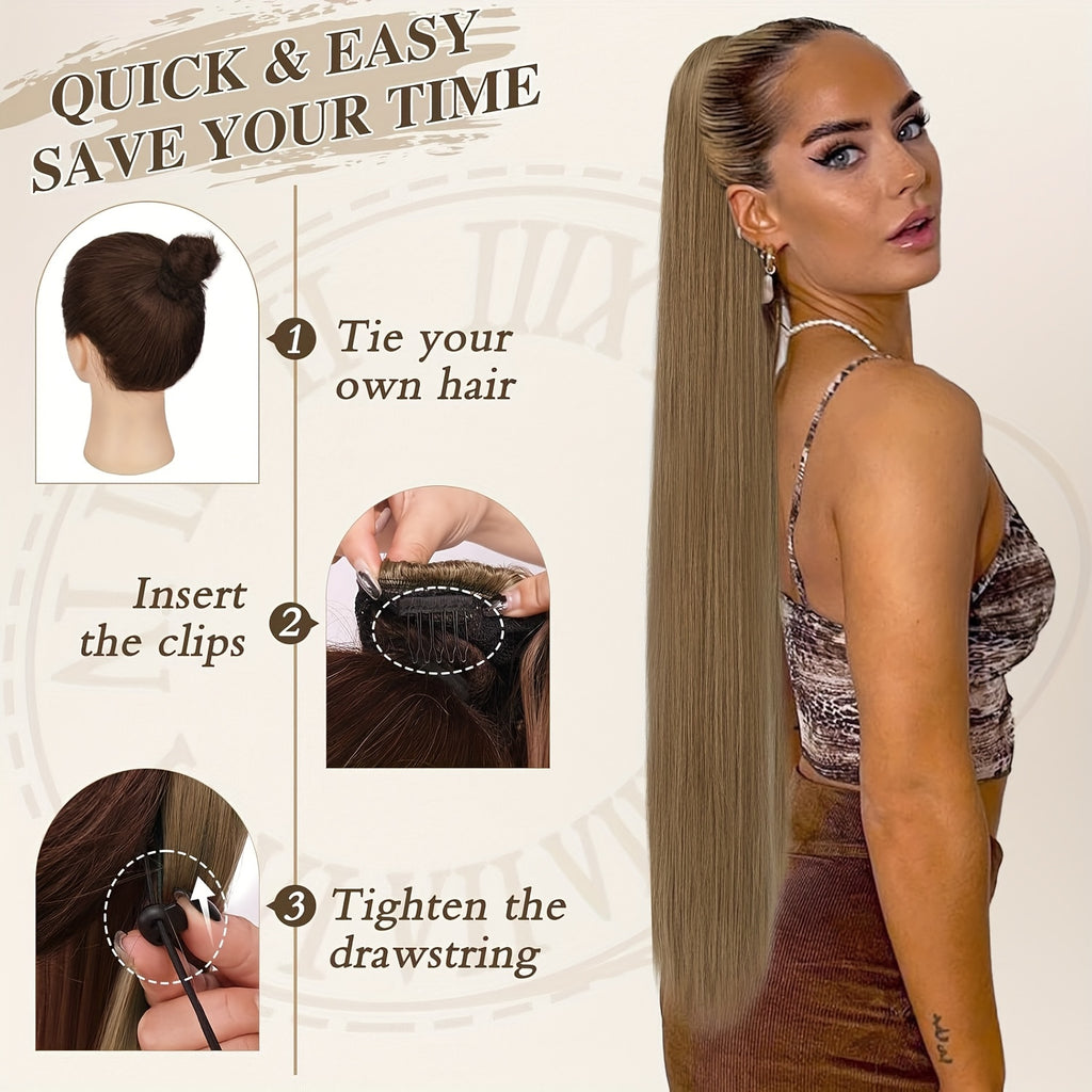 BARSDAR Brown Ponytail Extension, 86.36 cm Long Straight Drawstring Ponytail Hair Extensions Synthetic Clip In Pony Tails Hairpieces Fake Straight Ponytail For Women Girls Daily