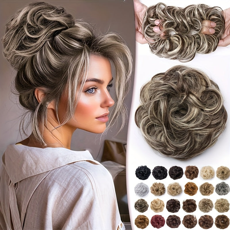 Heat-Resistant Synthetic Fiber Messy Bun Short Curly Ponytail Extension with Elastic Band - Secure Clip-In Hairpiece for Women with Thinning Hair, Natural Volume & Warm Brown/Blonde/Black/Red/Beige/Champagne Blonde Options, Hair Accessories