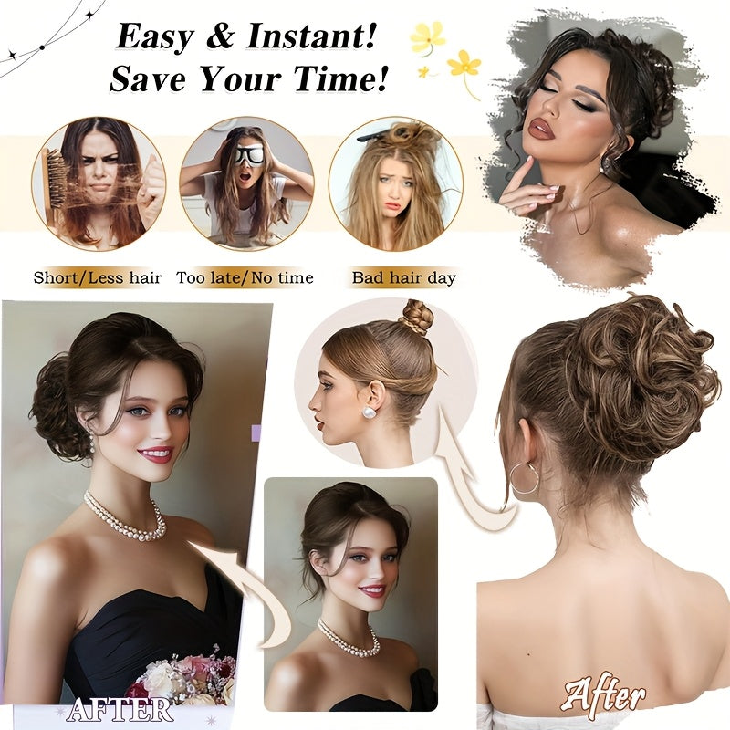 Heat-Resistant Synthetic Fiber Messy Bun Short Curly Ponytail Extension with Elastic Band - Secure Clip-In Hairpiece for Women with Thinning Hair, Natural Volume & Warm Brown/Blonde/Black/Red/Beige/Champagne Blonde Options, Hair Accessories