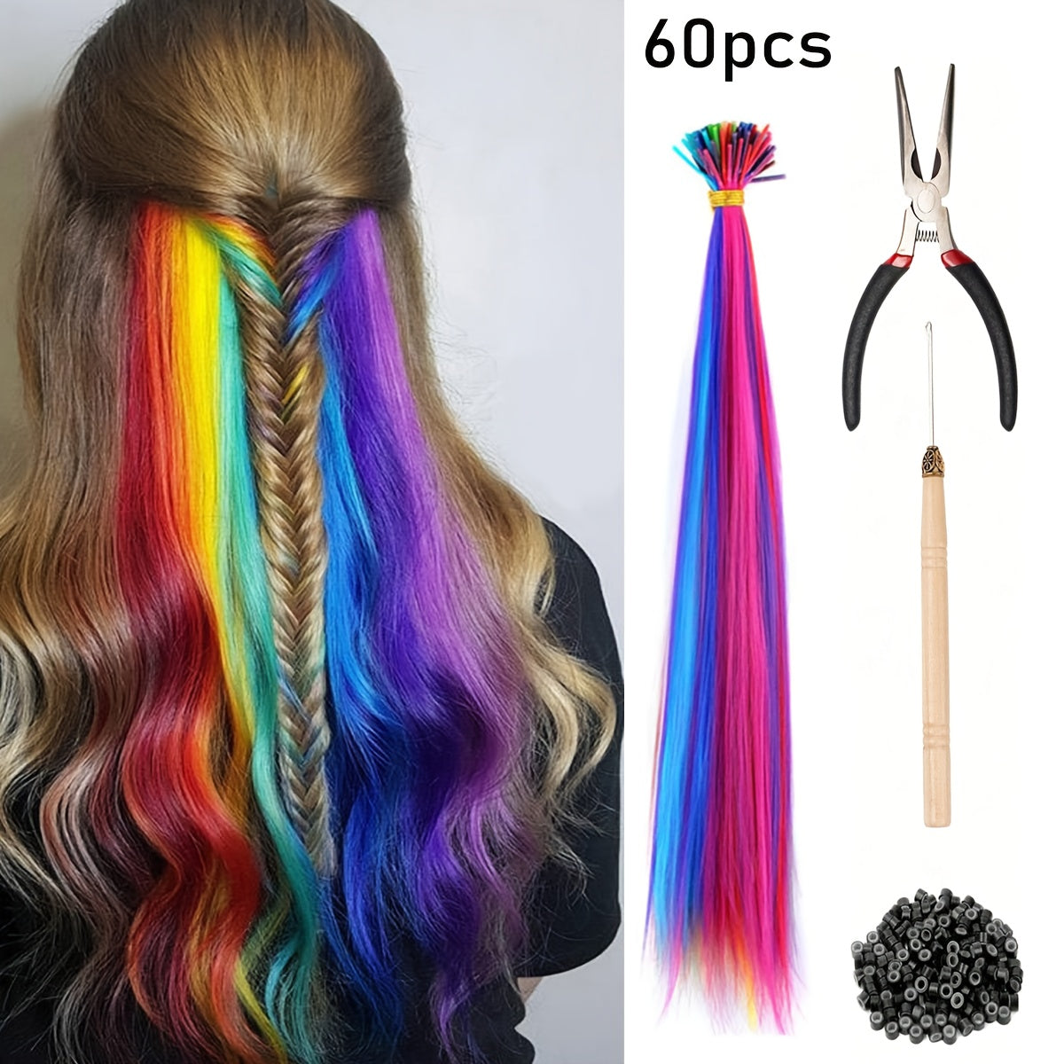 20-100pcs Mixed Color Rainbow Hair Extensions 16 Inch Rainbow Color Synthetic Hair Extensions Long Colored with Beads And Loop Tool for Hair Extension for Women Girls DIY Kit Holiday Party Use