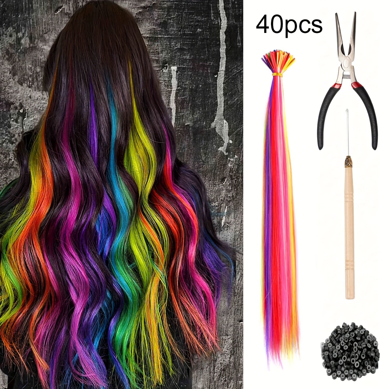 20-100pcs Mixed Color Rainbow Hair Extensions 16 Inch Rainbow Color Synthetic Hair Extensions Long Colored with Beads And Loop Tool for Hair Extension for Women Girls DIY Kit Holiday Party Use