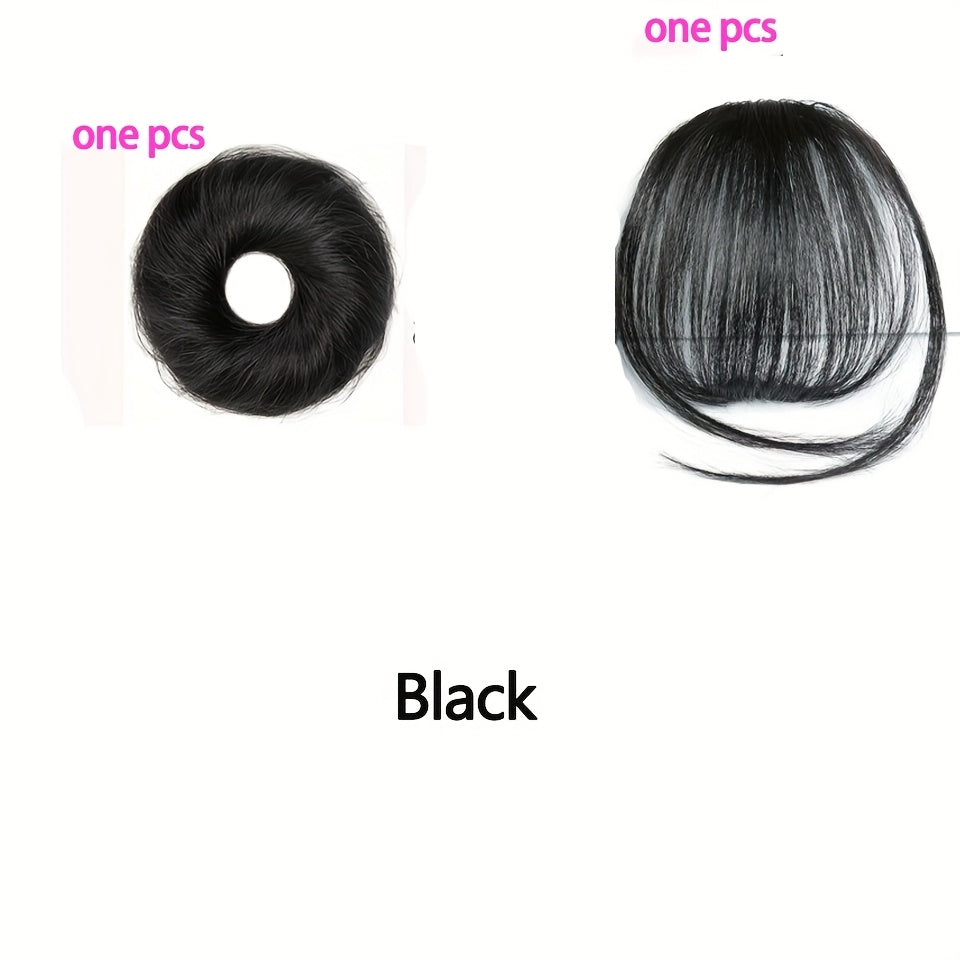 Fringe Air Bangs 1 with Sideburns+1 Messy Hair Bun, Hair Clip In Hair Extensions- All- Handmade Textile Process Heat Resistant Hairpieces for Women/ Girls, Upgrade Your Look Instantly