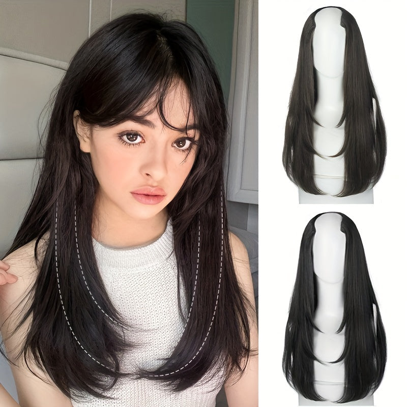 Long Fluffy V-Shaped Synthetic Hair Extension for Women - Layered Wig with Clips Increases Volume & Adds Fullness