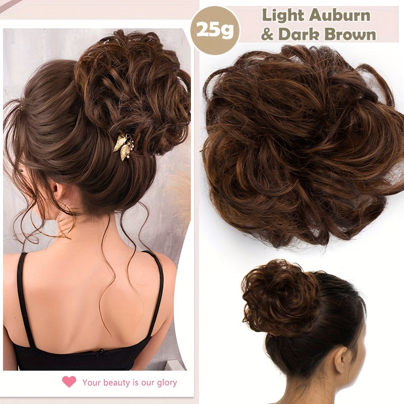 Heat-Resistant Synthetic Fiber Messy Bun Short Curly Ponytail Extension with Elastic Band - Secure Clip-In Hairpiece for Women with Thinning Hair, Natural Volume & Warm Brown/Blonde/Black/Red/Beige/Champagne Blonde Options, Hair Accessories