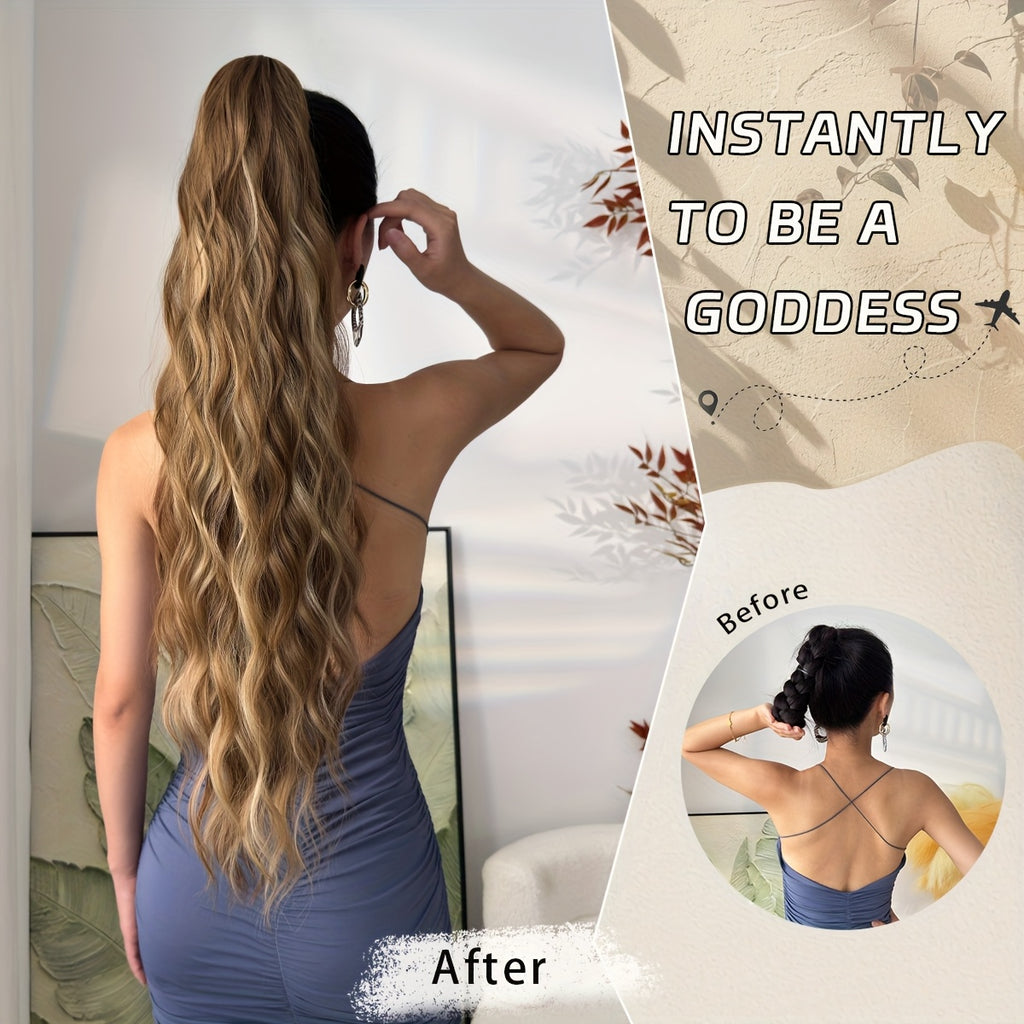 YUSULAXI 28" Ombre Claw Clip Ponytail Extension - Water Wave Synthetic Hairpiece in Light Brown, Heat-Resistant Fiber for Women with Short Hair, Daily Use Accessory, Ponytail Hair Extensions, Versatile Hairpiece, Secure Claw Attachment