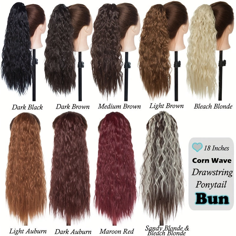18inch/45cm Long Kinky Corn Wave Ponytail Hair Extension Synthetic Drawstring Afro Curly Wavy Pony Tail Wrap Around Pony Tails Clip In Hairpieces Layered Hairpiece Black Brown Blonde Highlight For Women Daily Party Halloween Christmas Use