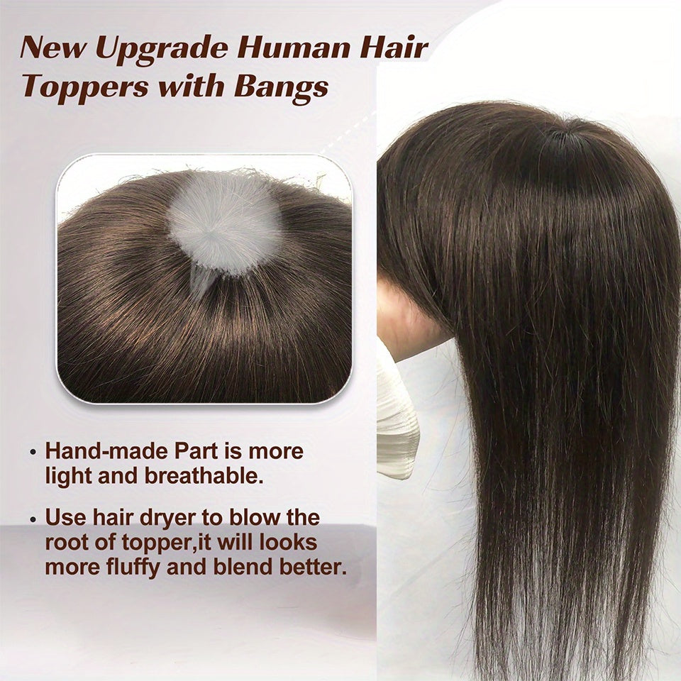 T-Shape #2 Dark Brown Straight Human Hair Topper with Bangs for Women, Real Human Hair Toppers for Thin Hair, 20.32cm 25.4cm Hairpieces