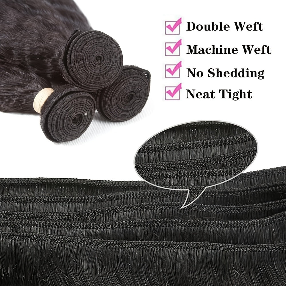 3 Bundles Yaki Straight Human Hair Extensions - 100% Unprocessed Brazilian Virgin Remy Hair, Kinky Straight Texture, Natural Black Color for, Styling Versatility, Naturallooking Hairline, Silky Smooth Texture
