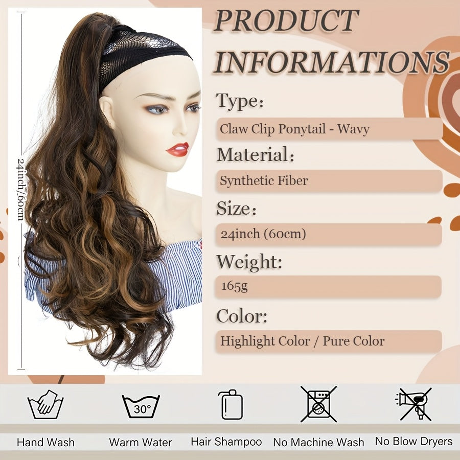 1pc Long 60.96cm Clip-In Ponytail Hair Extensions - Heat-Resistant Synthetic Ponytail with Jaw Clip, Dark Brown/Blonde/Gray/Black/Beige/, Volume & Dimension for Parties, Everyday, Special Events - Women's Hairstyle Addition