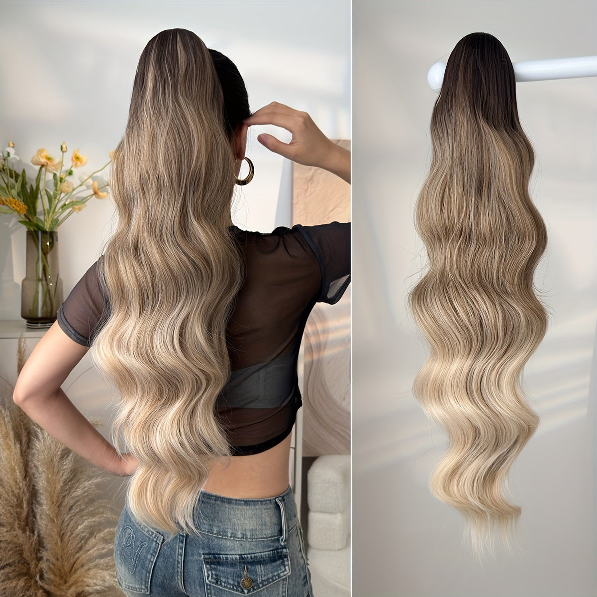 71.12cm Long Wave Synthetic Hair Extensions - Black, Brown, Orange, Red Ponytail Clips with Drawstring, Body Wave Design for Daily Use, Parties, Halloween, Christmas, Hair Accessories, Party Hair Extensions, Festive Hairpiece, Secure Clip Attachment