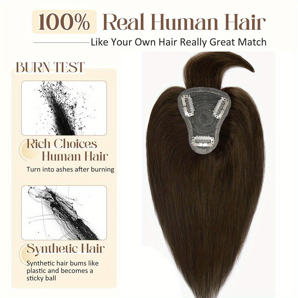 T-Shape #2 Dark Brown Straight Human Hair Topper with Bangs for Women, Real Human Hair Toppers for Thin Hair, 20.32cm 25.4cm Hairpieces