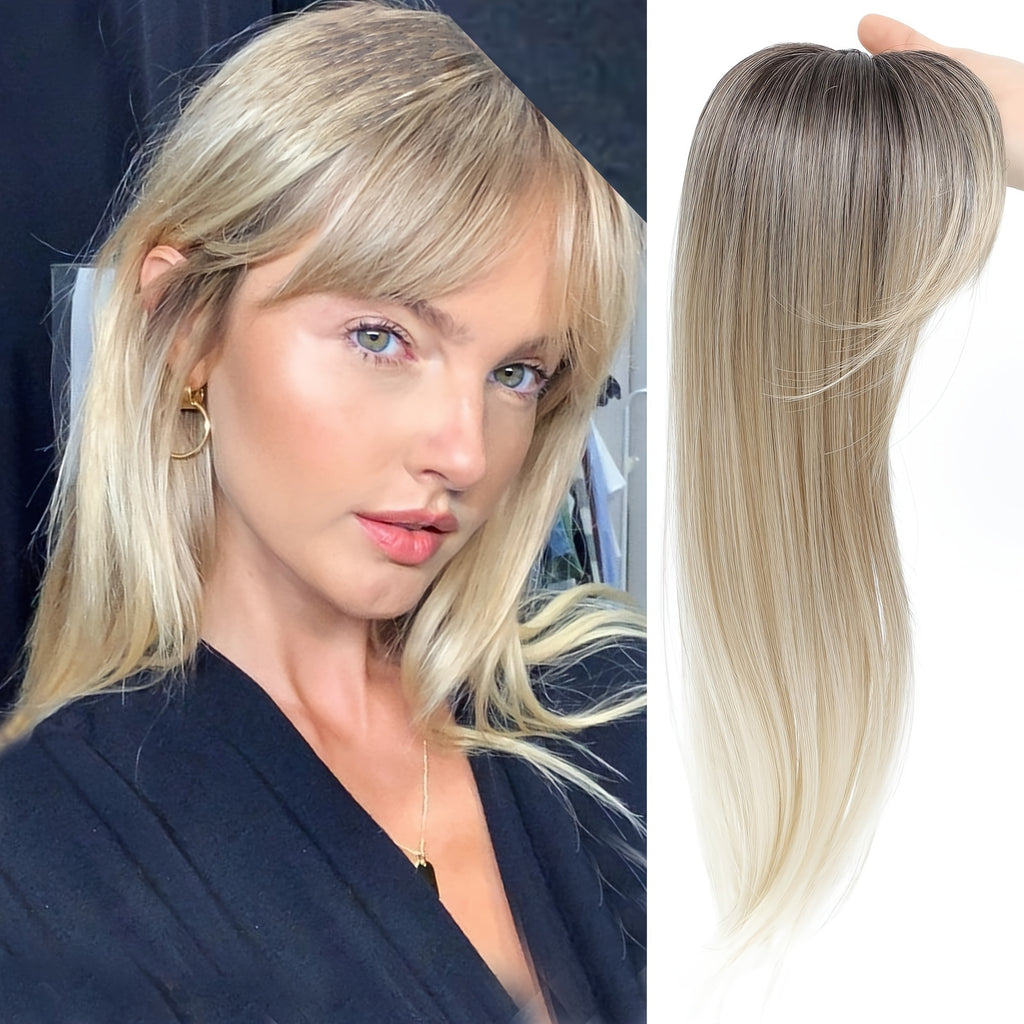 Elegant Clip-In Bangs for Women, 360° Coverage Blonde Hair Extensions with Dark Roots, French Style Straight Hair Bangs for Daily Wear, Hairpieces