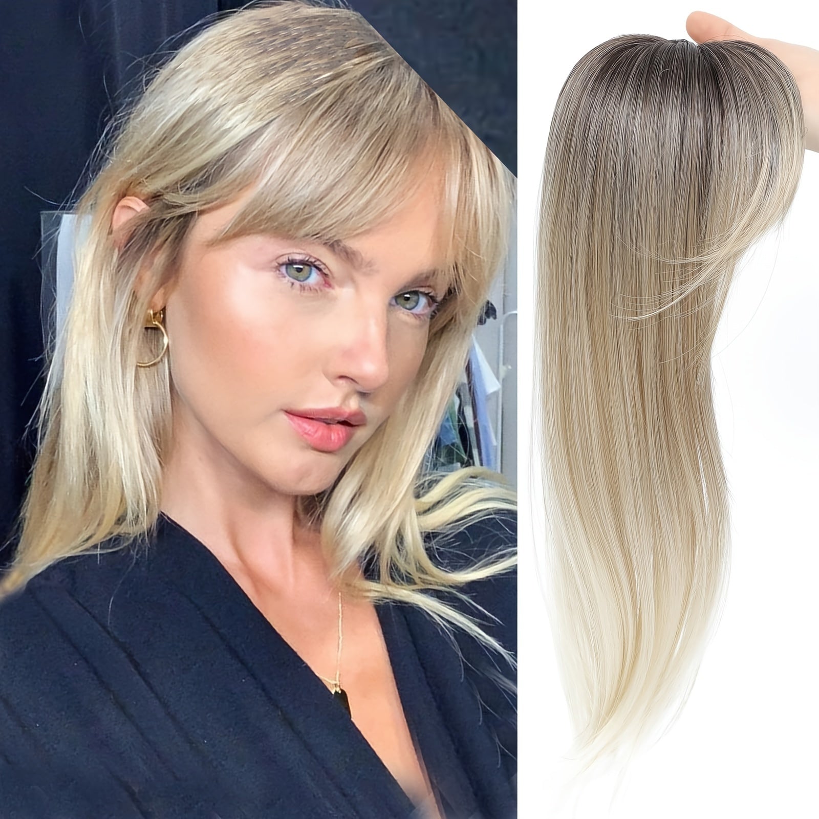 Elegant Clip-In Bangs for Women, 360° Coverage Blonde Hair Extensions with Dark Roots, French Style Straight Hair Bangs for Daily Wear, Hairpieces