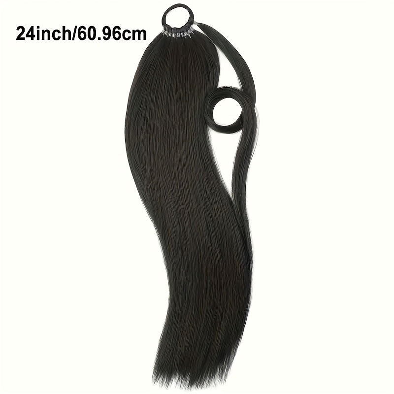24-Inch Yaki Straight Braiding Hair Ponytail Extension - Wrap Around Long Straight Ponytail with Versatile Elastic Bands for Women, High-Temperature Fiber, Basic Style, Hair Extension for Women