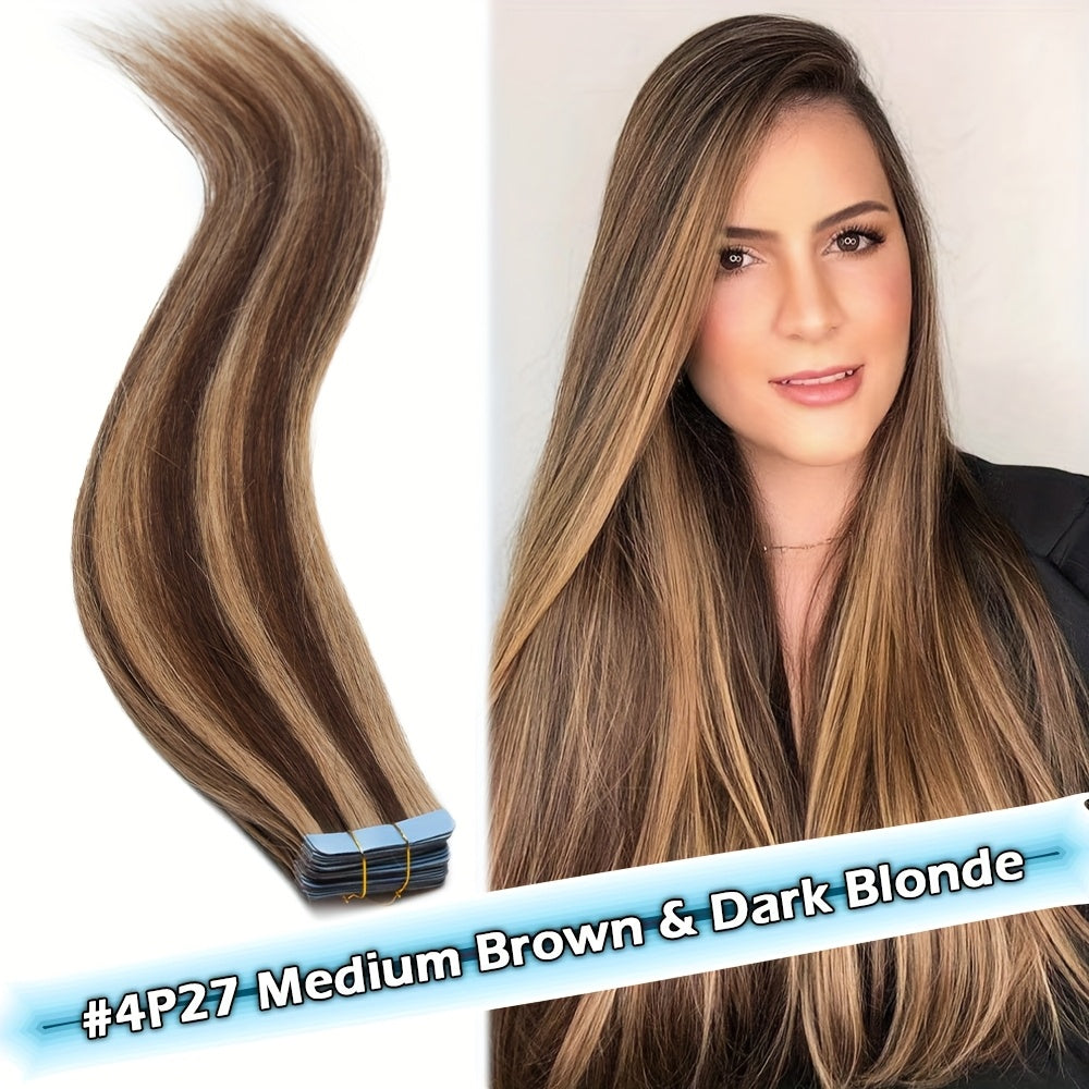 10pcs/1 Pack Straight Real Human Hair Tape In Extensions Straight Smooth Hair Extensions 40.64cm-60.96cm Natural Popular Blonde Color Human Hair Extneisons For Women, Versatile Use For Ewedding, Party, Brithday, Fesitival To Add Volumn And Length.