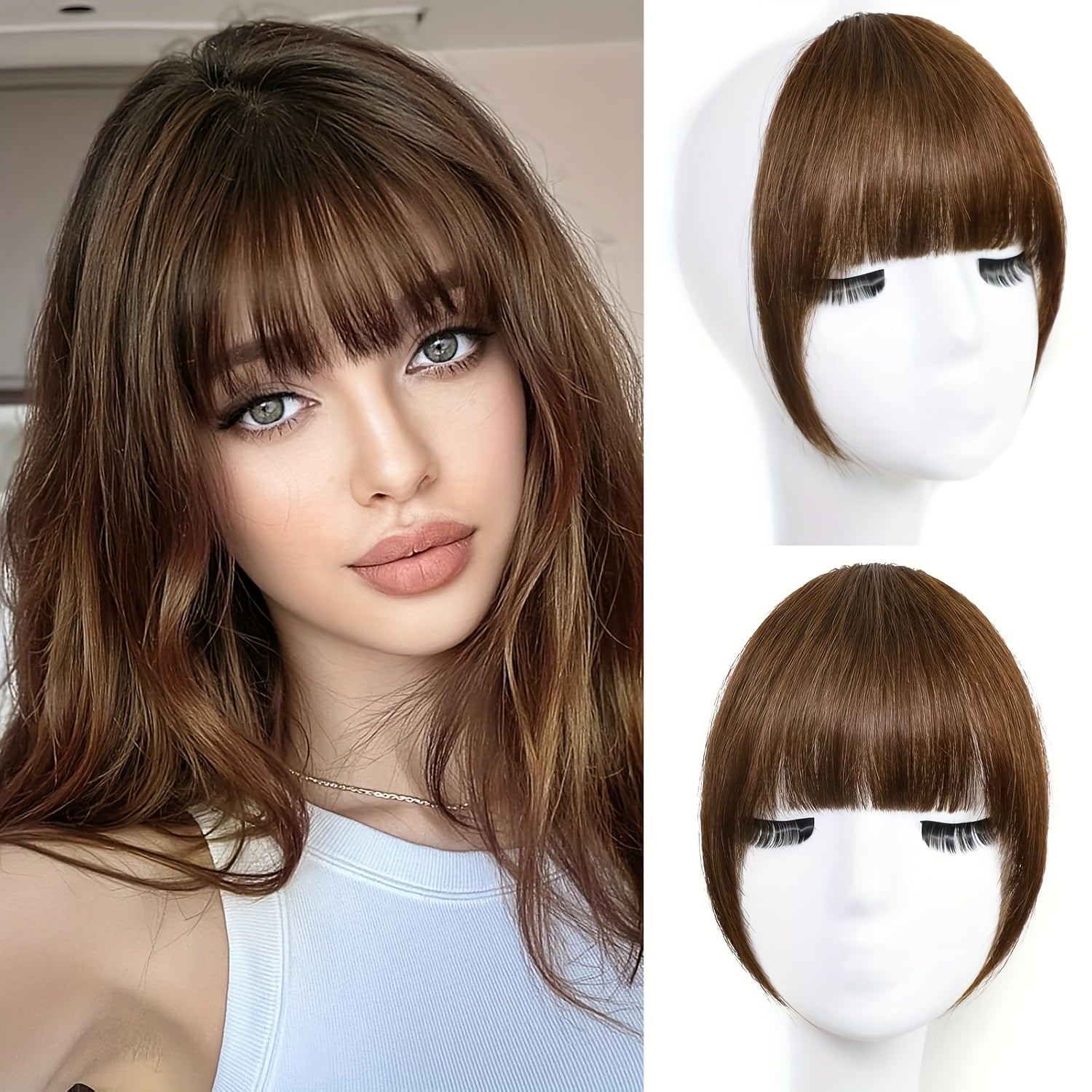 Elegant French-Style Clip-In Bangs with Sideburns, 100% Human Hair, Lightweight & Seamless for Women - Perfect for Daily Wear & Easy Styling, Bangs Clip, Human Hair