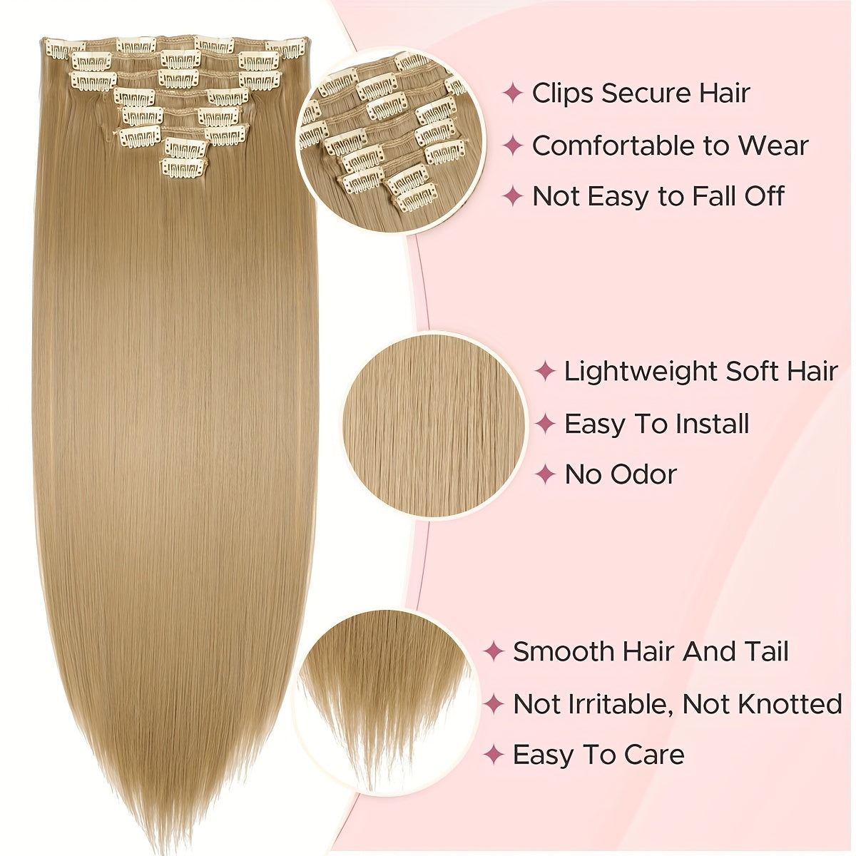 Benehair HAIR Hair Extensions Clip In 8pcs 18 Clips Synthetic Fiber Seamless 58.42cm Long Straight Full Head