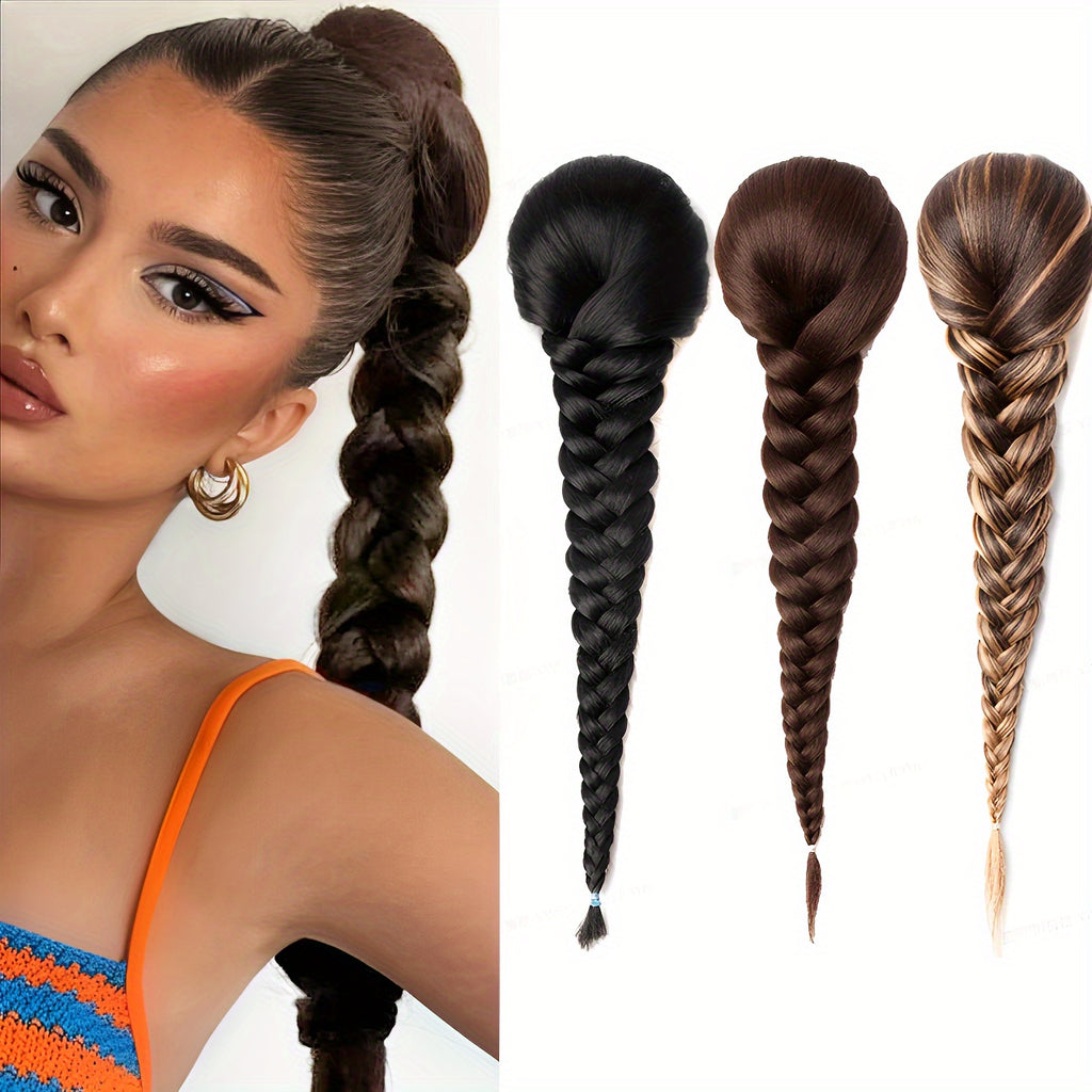 16-inch Elegant Curly Wave Ponytail Extension - 1pc Fishbone Braided Clip-in Synthetic Hair - Unisex-Adult Fashion Party Christmas New Year Gift