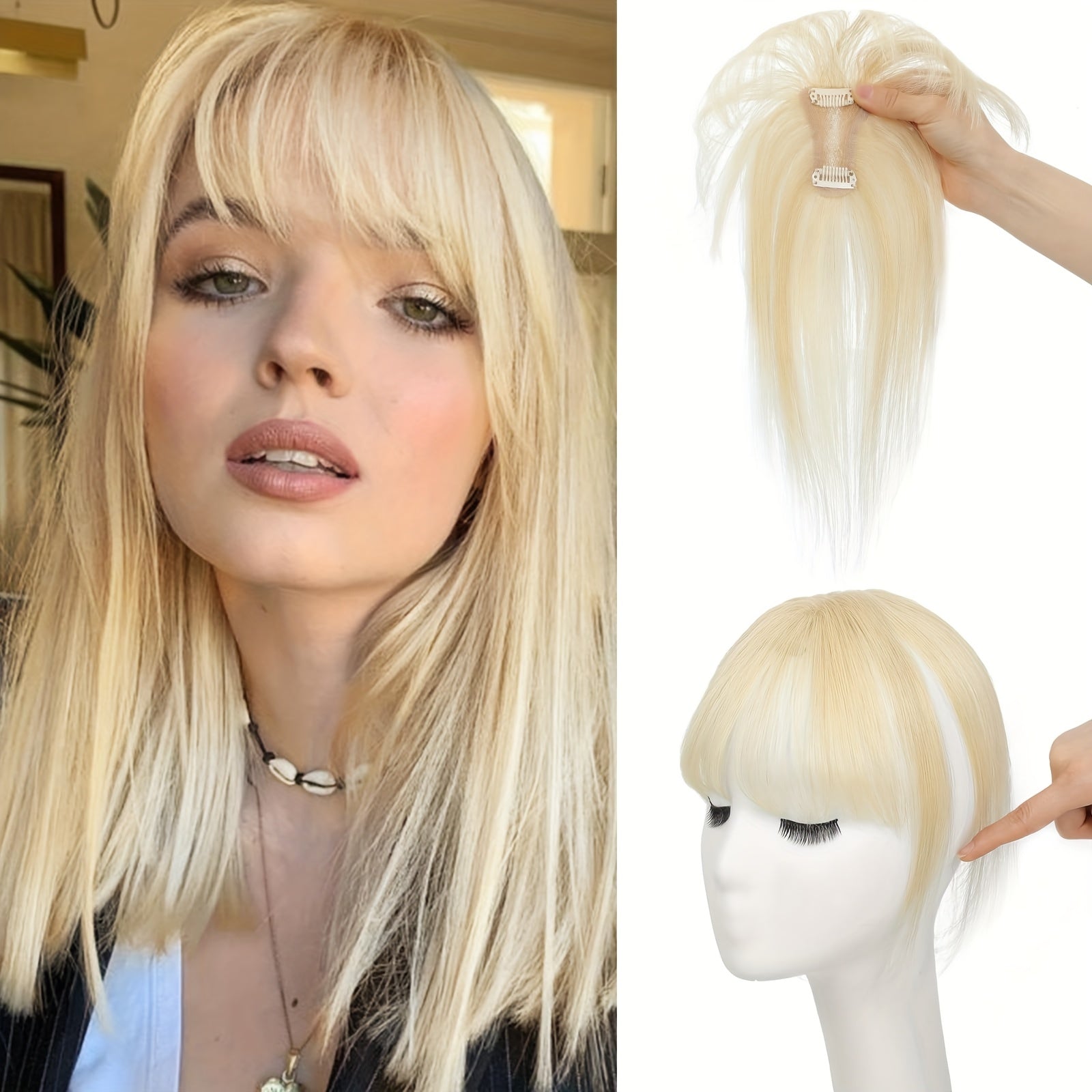 BIGTRSE 360° 3D Bangs Hair Clip - 100% Real Human Hair Topper with Straight Bangs & Side Swept Bangs, Natural Look for Women, Easy Clip-On for Daily Wear, Versatile Hairpiece, Sleek Hairpiece, Secure Hairpiece