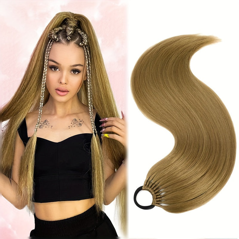 [Yaki Straight Ponytail] 28-Inch Yaki Straight High-Temperature Synthetic Ponytail Extension | Elastic Rubber Band Attachment | Versatile & Durable for Daily Use, Ponytail Hair Extensions