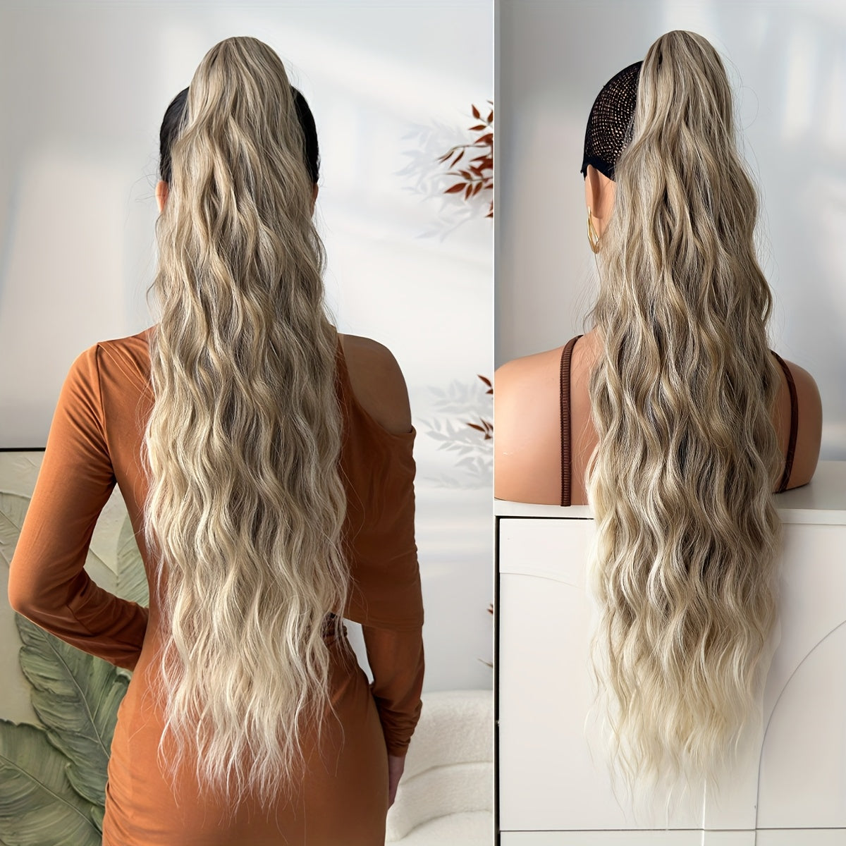 YUSULAXI 28" Ombre Claw Clip Ponytail Extension - Water Wave Synthetic Hairpiece in Light Brown, Heat-Resistant Fiber for Women with Short Hair, Daily Use Accessory, Ponytail Hair Extensions, Versatile Hairpiece, Secure Claw Attachment