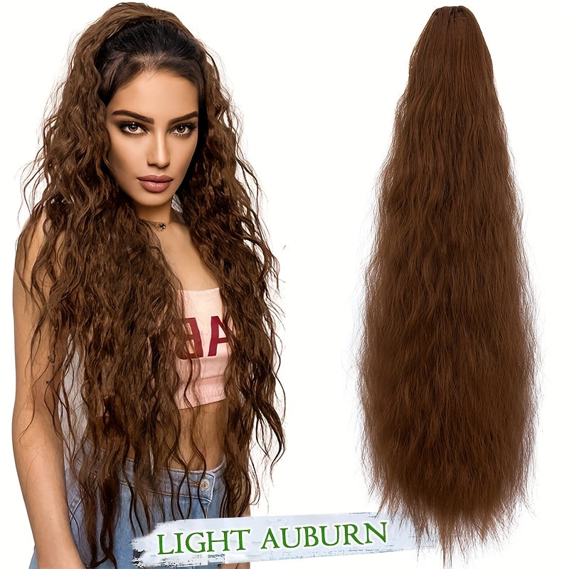 Extra Long Ponytail Extension 81.28 cm Deep Wavy Curly Drawstring Pony Tail Extensions Softer Fluffy Synthetic Clip In Hair Extensions Brown Blonde Highlight Hairpiece For Women Daily Halloween Use Part