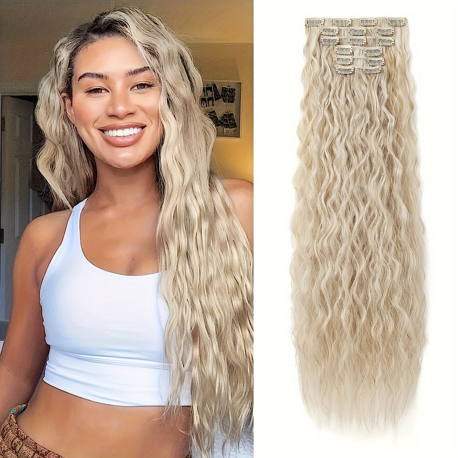 6pcs Luxurious 24-Inch Blonde Clip-In Wavy Hair Extensions for Women - Natural Soft Synthetic Fiber, Heat-Friendly, Full Head Coverage with Elegant White Diamond Accents, Ponytail Hair Extensions
