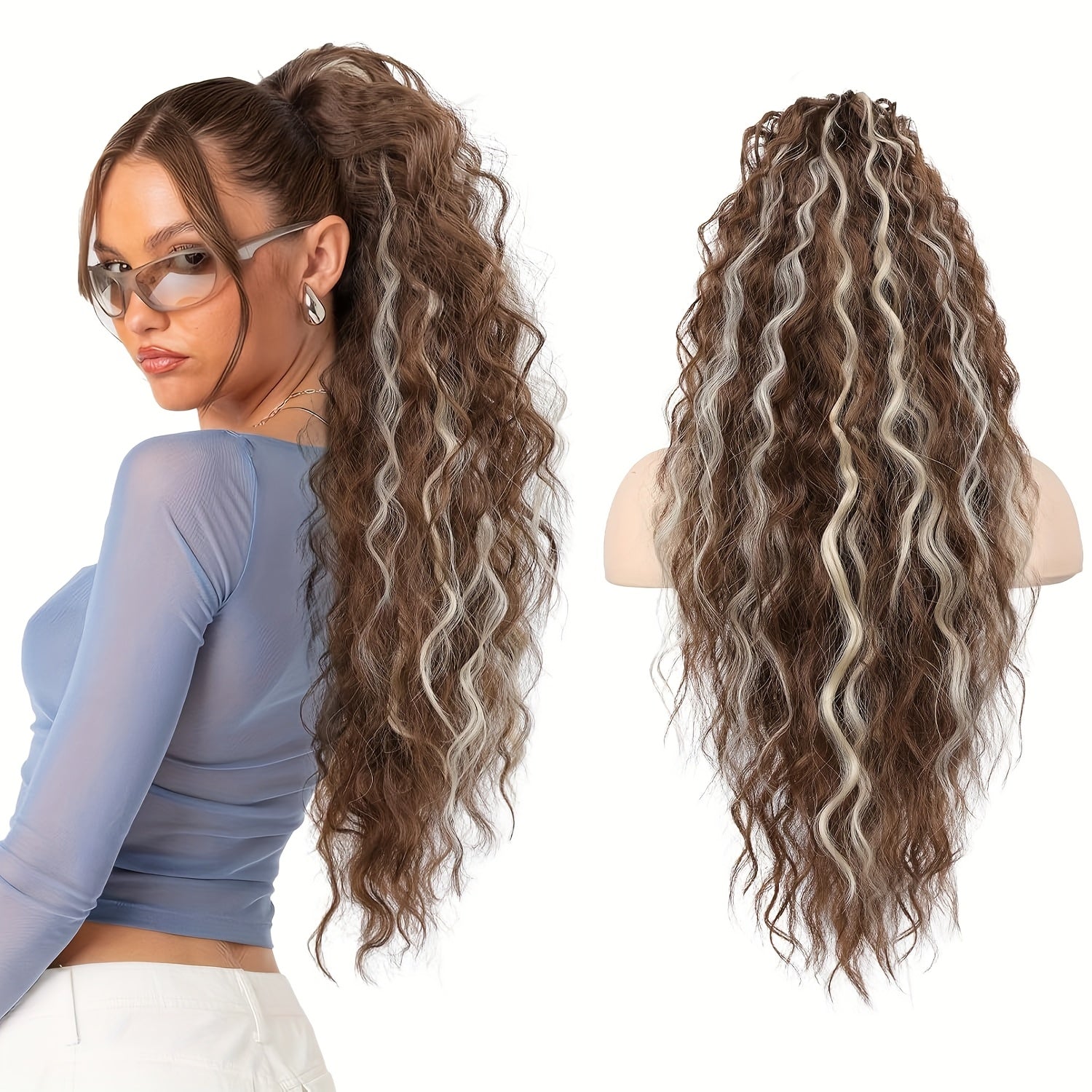 71.12 cm Lightweight Curly Wave Clip-In Hair Extension - Multi-Layered Synthetic Hair for Voluminous Ponytails, Chocolate Brown, Unisex & All Ethnicities, Ponytail Hair Extensions, Versatile Hairpiece, Multilayered Texture, Easy Application Hairpiece