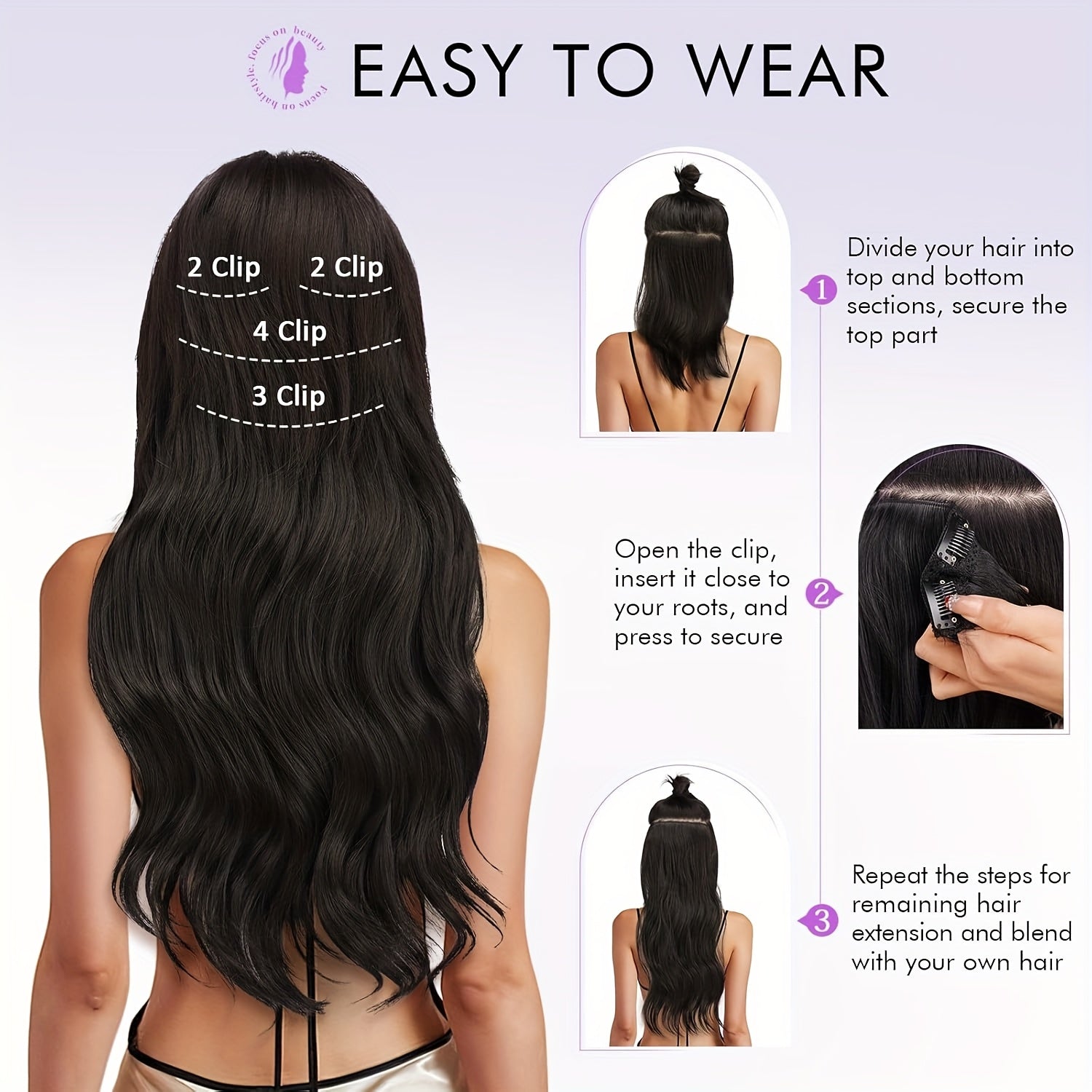 4pcs Women'S Clip-In Hair Extensions, 50cm Long Wavy Synthetic Hair in Natural Black and Brown, Soft High-Temperature Fiber for Everyday and Party Use, Party Hair Accessories, Elegant Hairpiece, Secure Clip Attachment