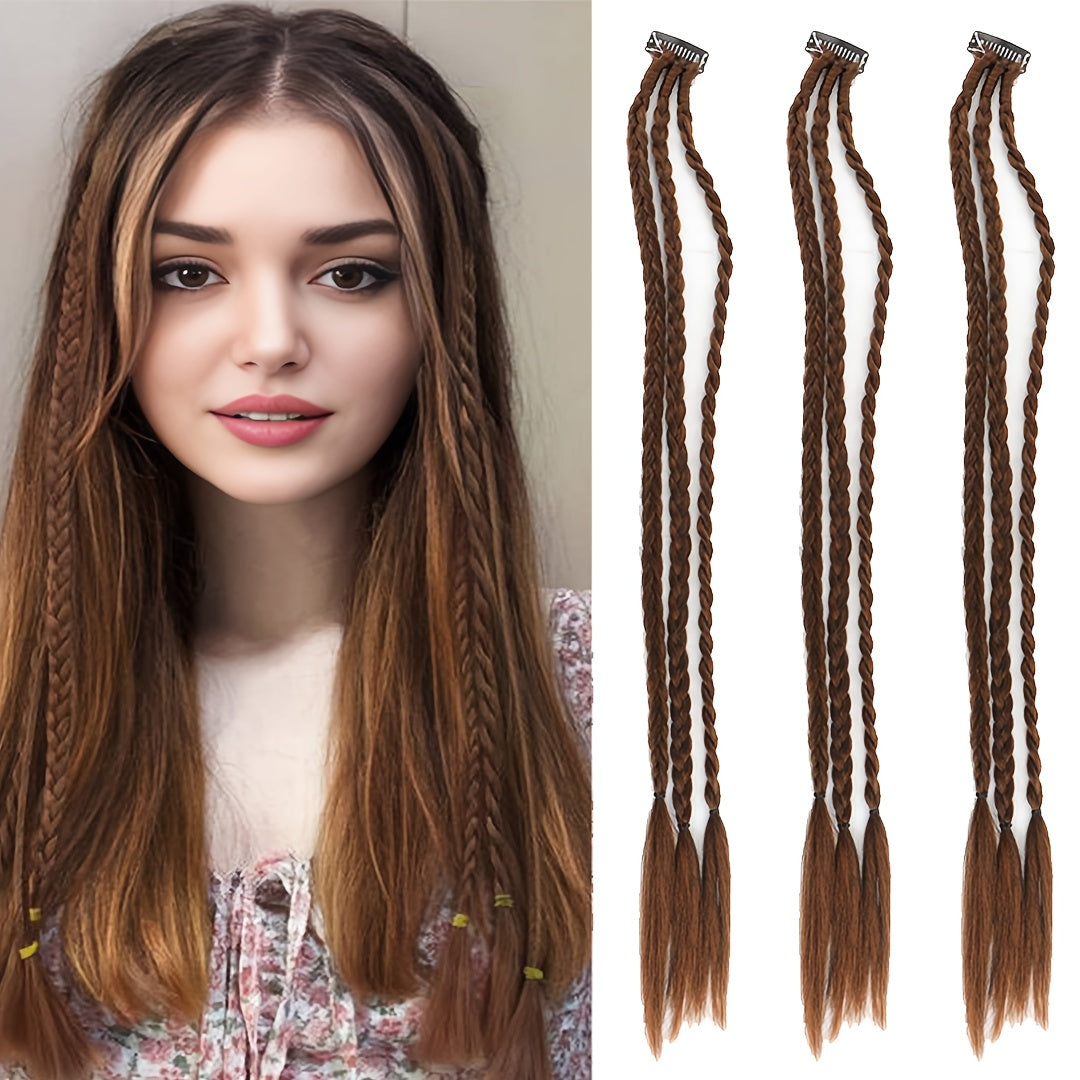 Braid Hair Extensions, 3pcs Clip in Hair Extensions Baby Braids, 3 Braids on One Clip 6 Braids Total, 22" Long Natural Soft Synthetic Hairpieces for Women