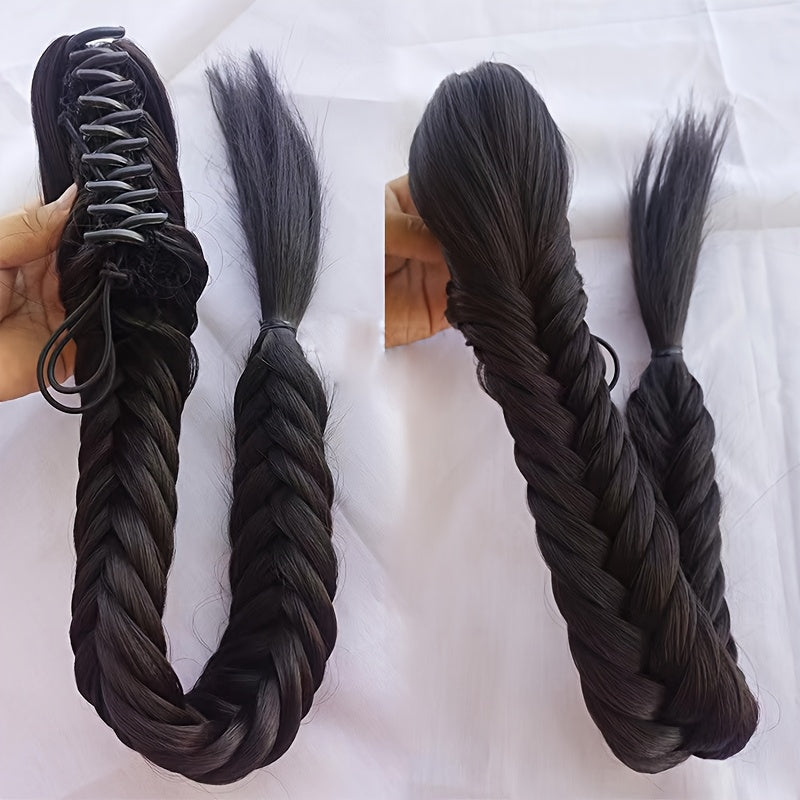 Large Claw Clip Long Handmade Braided Fishbone Ponytail Extension, High Temperature Fiber, Elegant Style for Wome