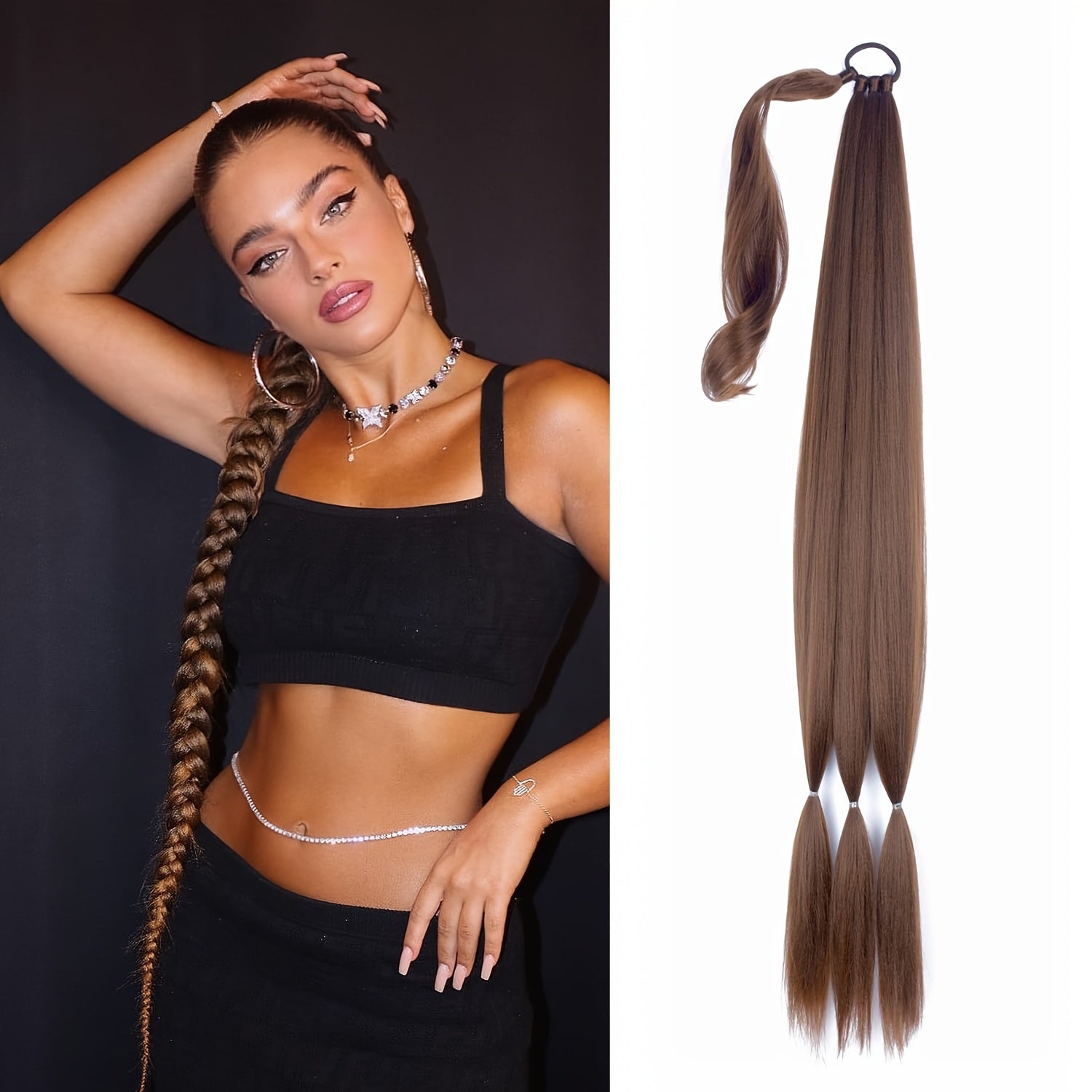 Extend the ends of the braided ponytail hairstyle. Suitable for all four seasons. Long straight hair wrapped ponytail wig. Natural and soft artificial hair strands. Suitable for ladies' daily wear.