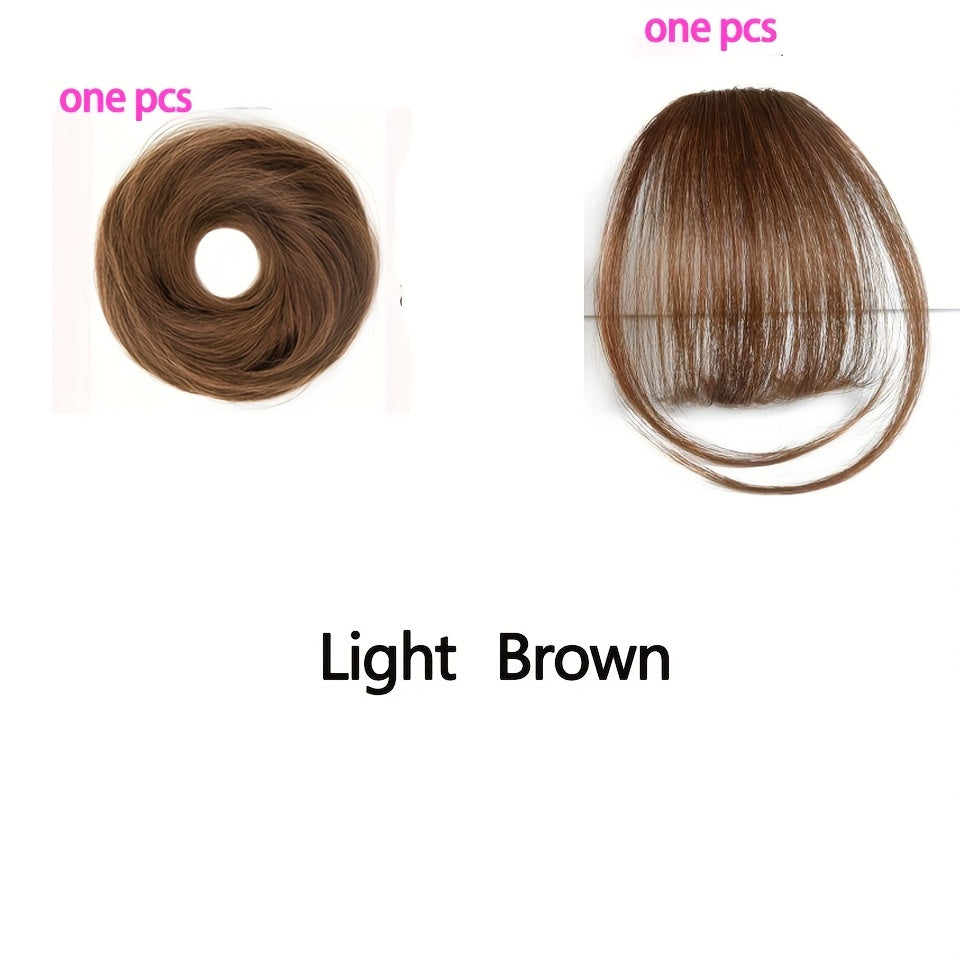 Fringe Air Bangs 1 with Sideburns+1 Messy Hair Bun, Hair Clip In Hair Extensions- All- Handmade Textile Process Heat Resistant Hairpieces for Women/ Girls, Upgrade Your Look Instantly