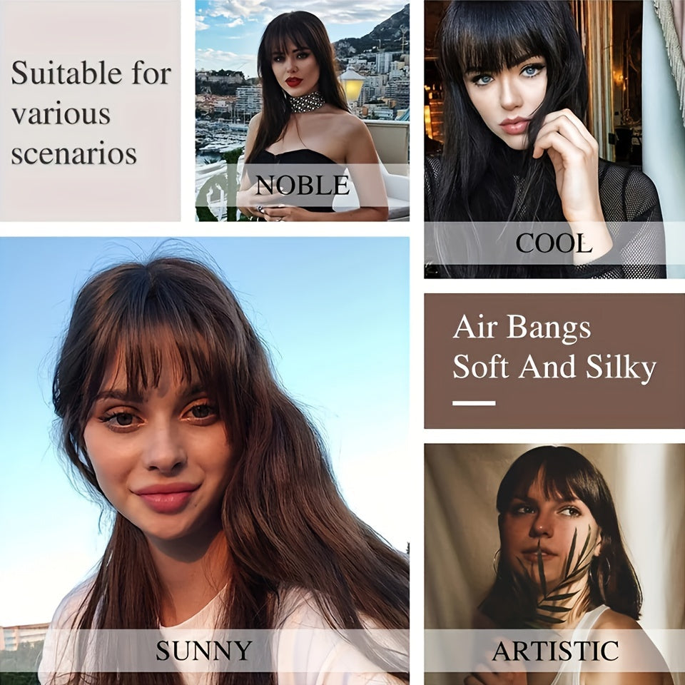 Women's Clip-In Synthetic Hair Bangs Extensions - Straight Hair Fringe with Volume Boost Hairpieces, Easy to Wear for All Occasions, Basics Style in Brown