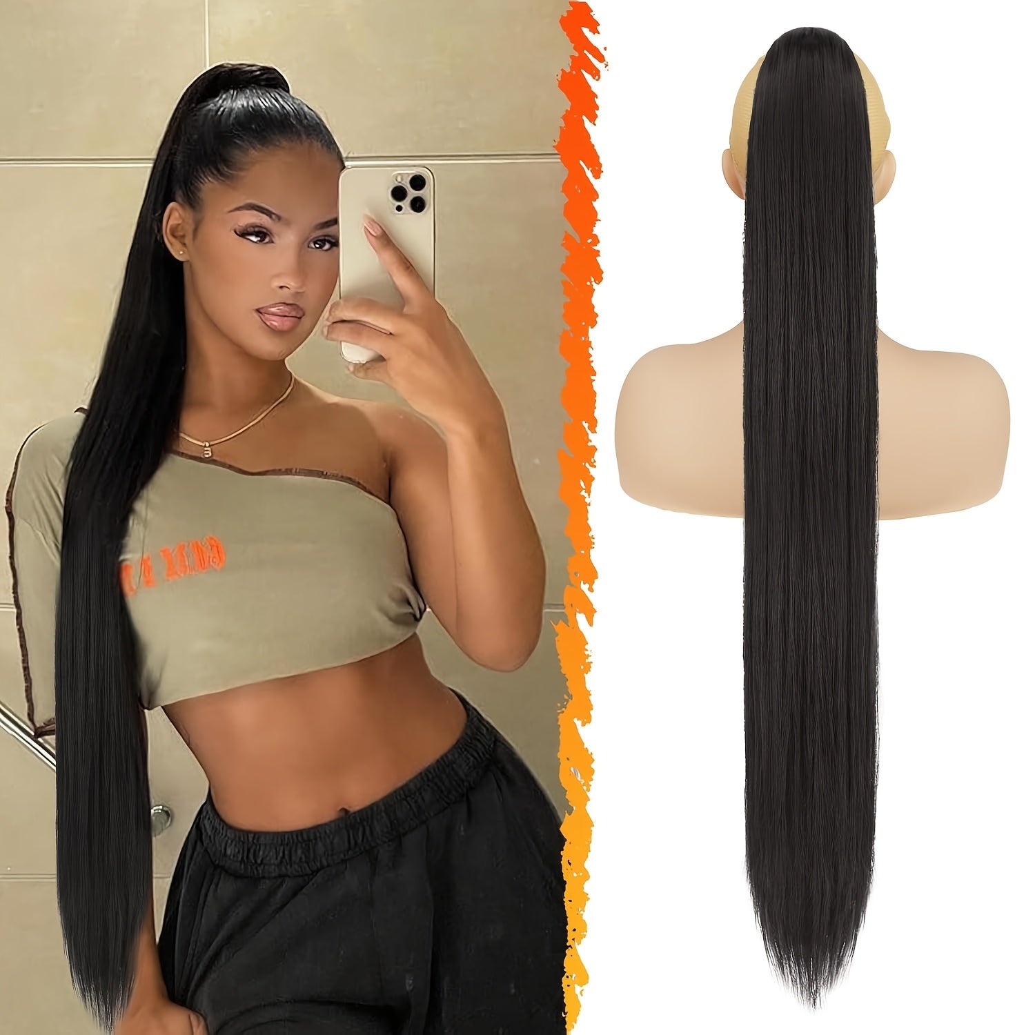 BARSDAR Brown Ponytail Extension, 86.36 cm Long Straight Drawstring Ponytail Hair Extensions Synthetic Clip In Pony Tails Hairpieces Fake Straight Ponytail For Women Girls Daily