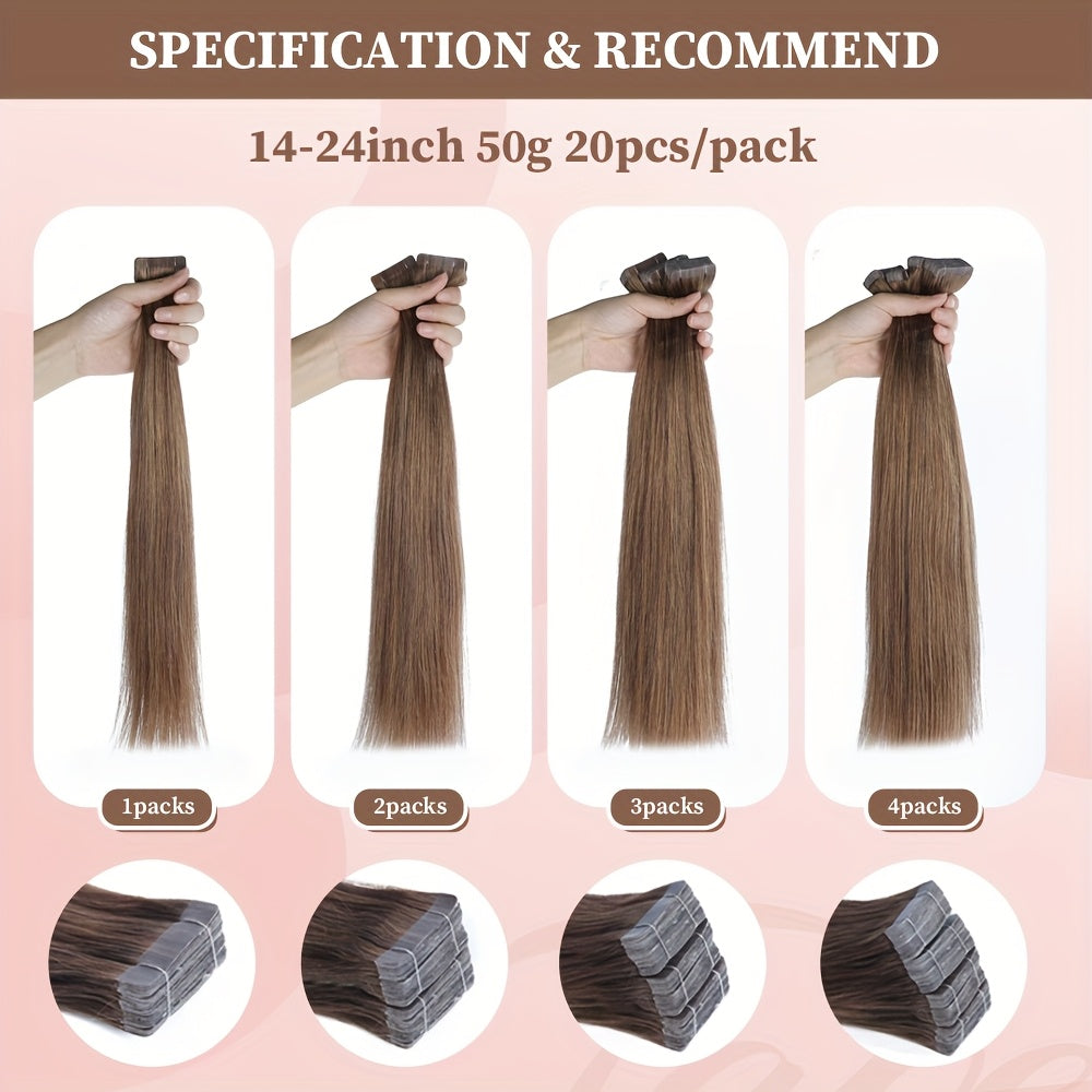 20pcs Straight Tape In 100% Human Hair Extensions 4/27Highlight Human Hairy Seamless Invisible for Thin Hair Woman Top Quality Thick Ends Healthy and Durable Human Hair Extensions Invisible Tape in for Salon Random Packaging Box: Pink or Green