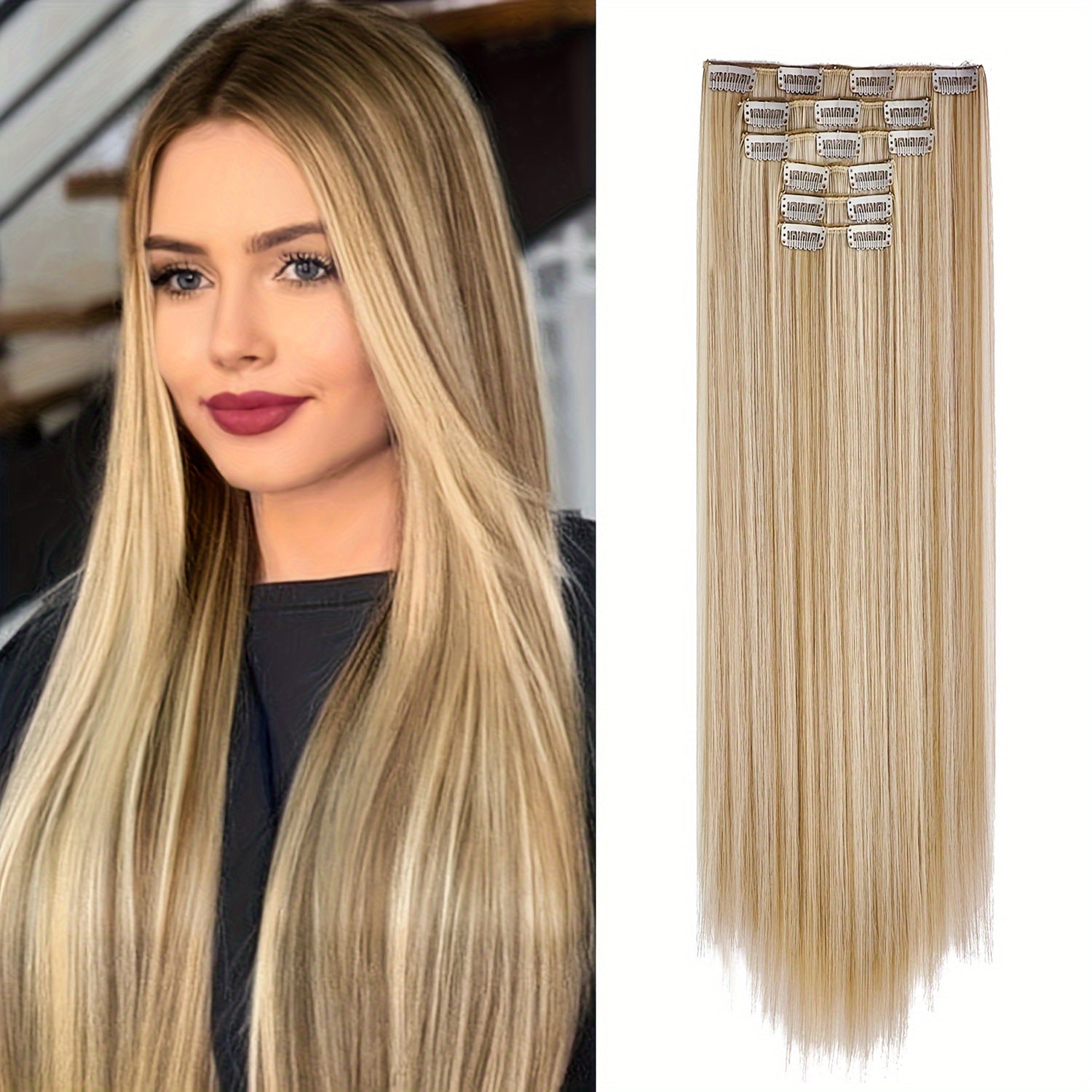 Thick Long Clip In Hair Extensions, Lightweight Synthetic Hairpieces For Women, Chocolate Brown With Golden Blonde Highlights, Hair Clips Hair Accessories