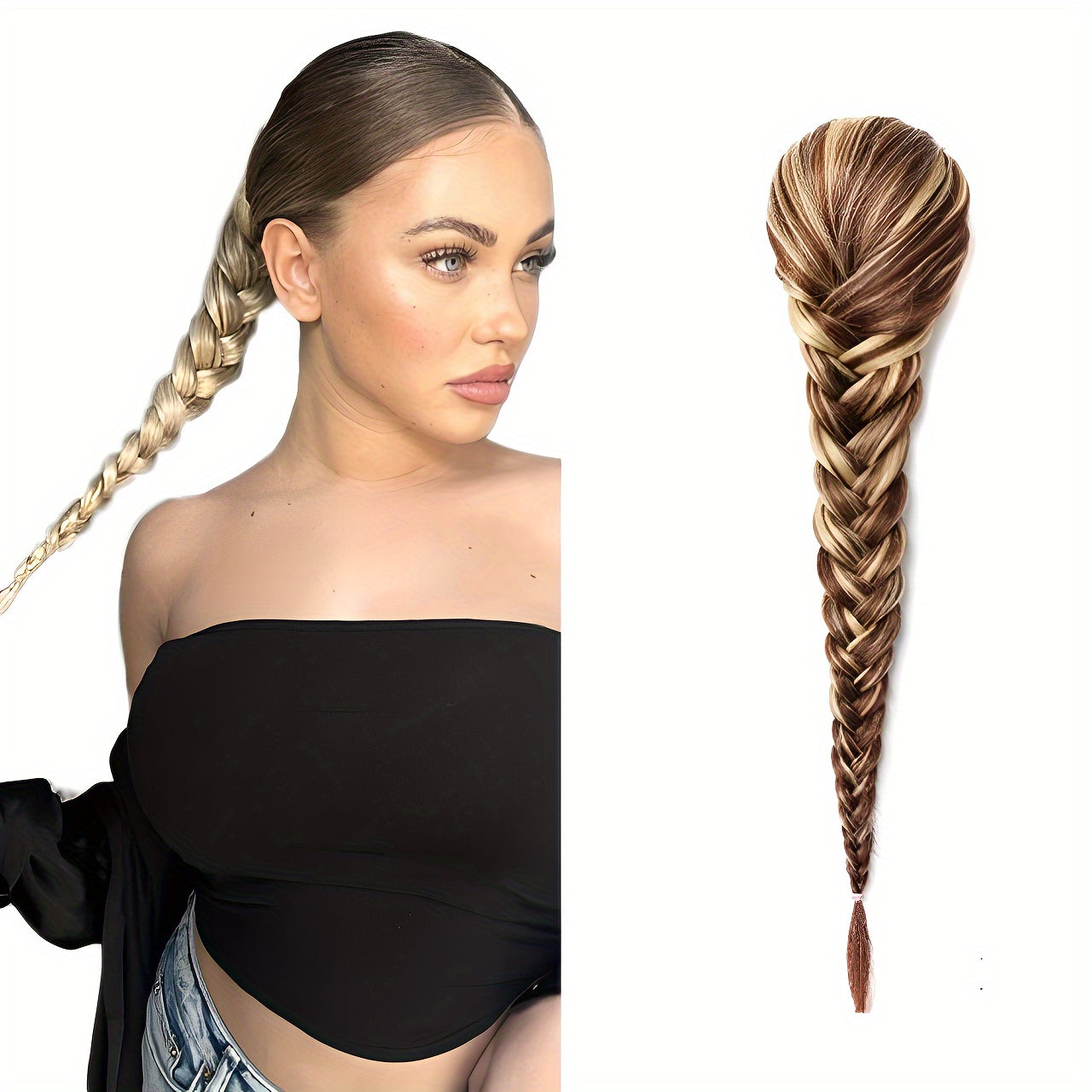 16-inch Elegant Curly Wave Ponytail Extension - 1pc Fishbone Braided Clip-in Synthetic Hair - Unisex-Adult Fashion Party Christmas New Year Gift