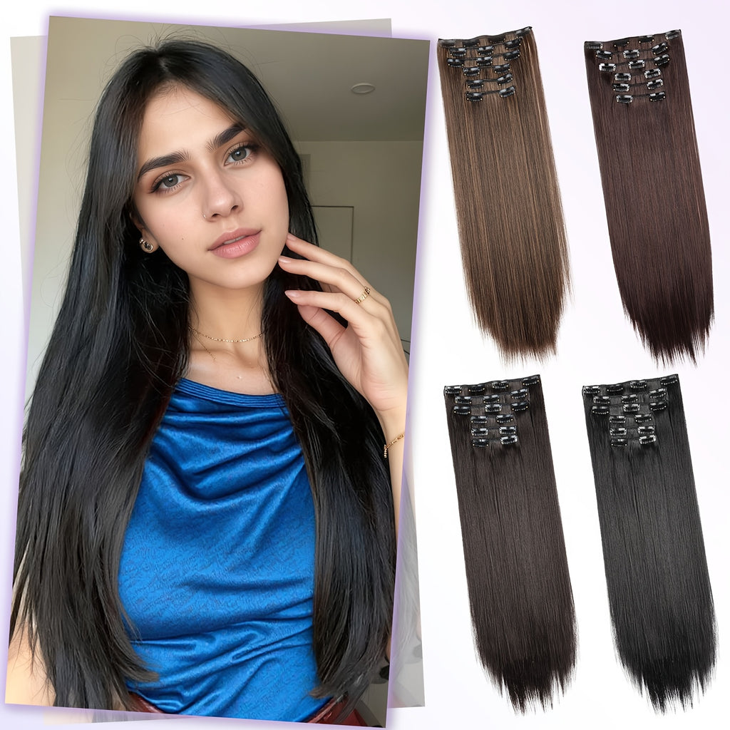 6pcs Brown Clip-In Hair Extensions 60.96cm Long - Thickened Straight Hair with Secure Clip, Natural Look for Women, Easy to Style, Adds Volume & Dimension, Versatile for All Hair Types, Stylish Hair Solution, Sleek Hairpiece