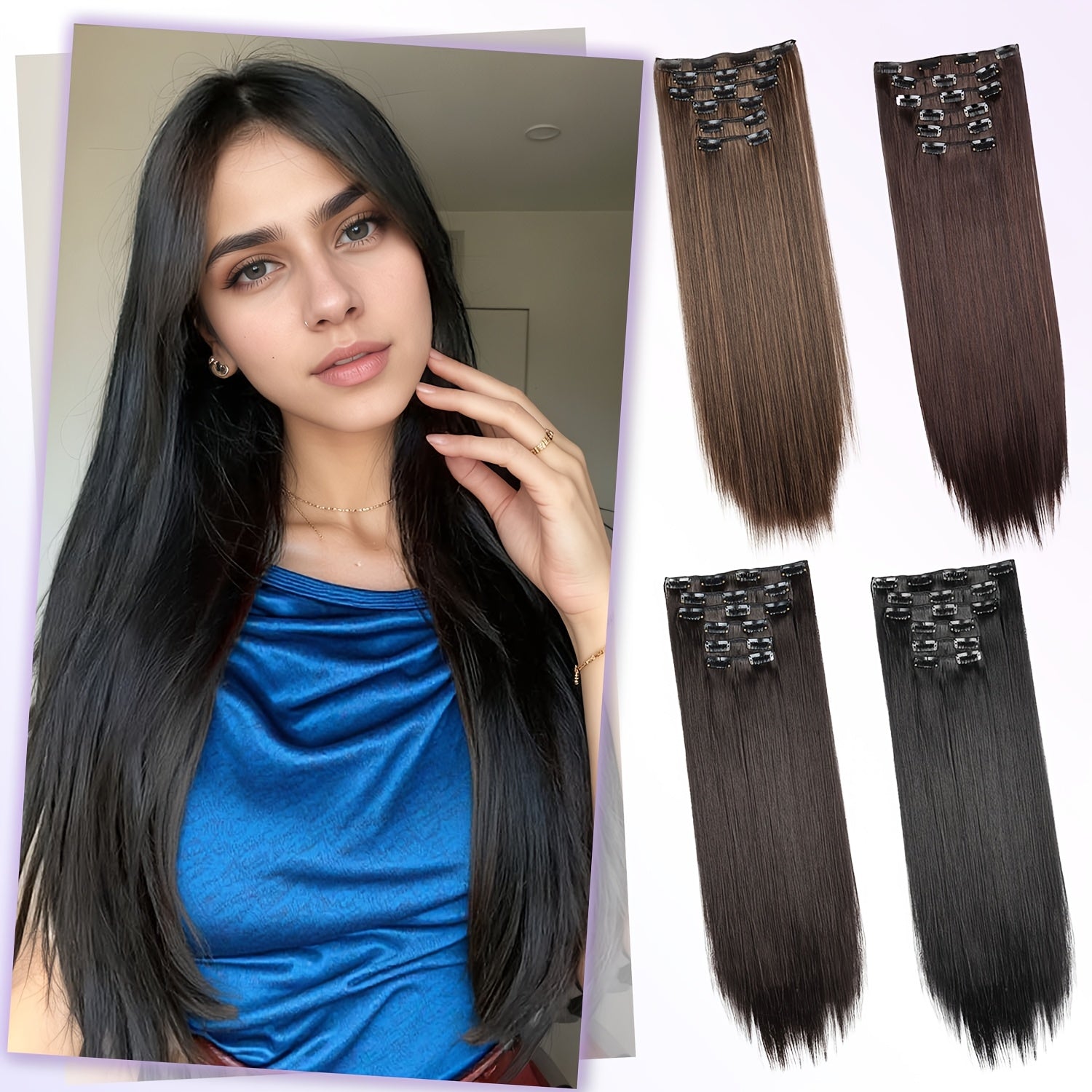 6pcs Brown Clip-In Hair Extensions 60.96cm Long - Thickened Straight Hair with Secure Clip, Natural Look for Women, Easy to Style, Adds Volume & Dimension, Versatile for All Hair Types, Stylish Hair Solution, Sleek Hairpiece