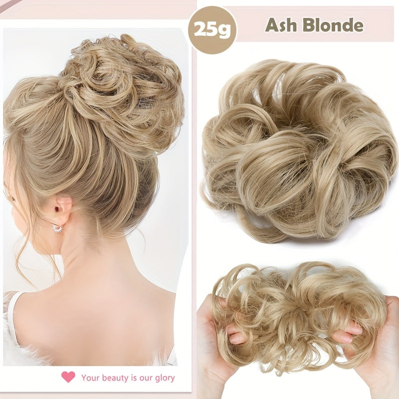 Heat-Resistant Synthetic Fiber Messy Bun Short Curly Ponytail Extension with Elastic Band - Secure Clip-In Hairpiece for Women with Thinning Hair, Natural Volume & Warm Brown/Blonde/Black/Red/Beige/Champagne Blonde Options, Hair Accessories