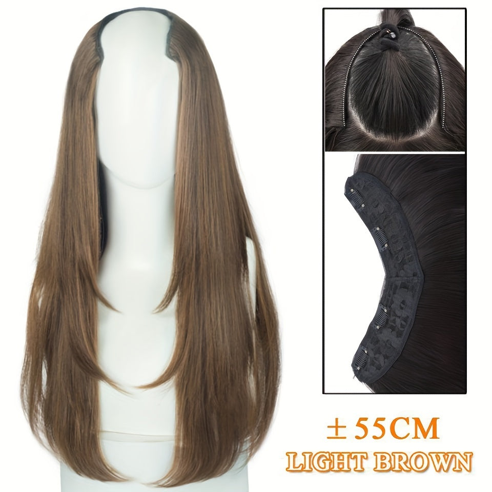 Long Fluffy V-Shaped Synthetic Hair Extension for Women - Layered Wig with Clips Increases Volume & Adds Fullness