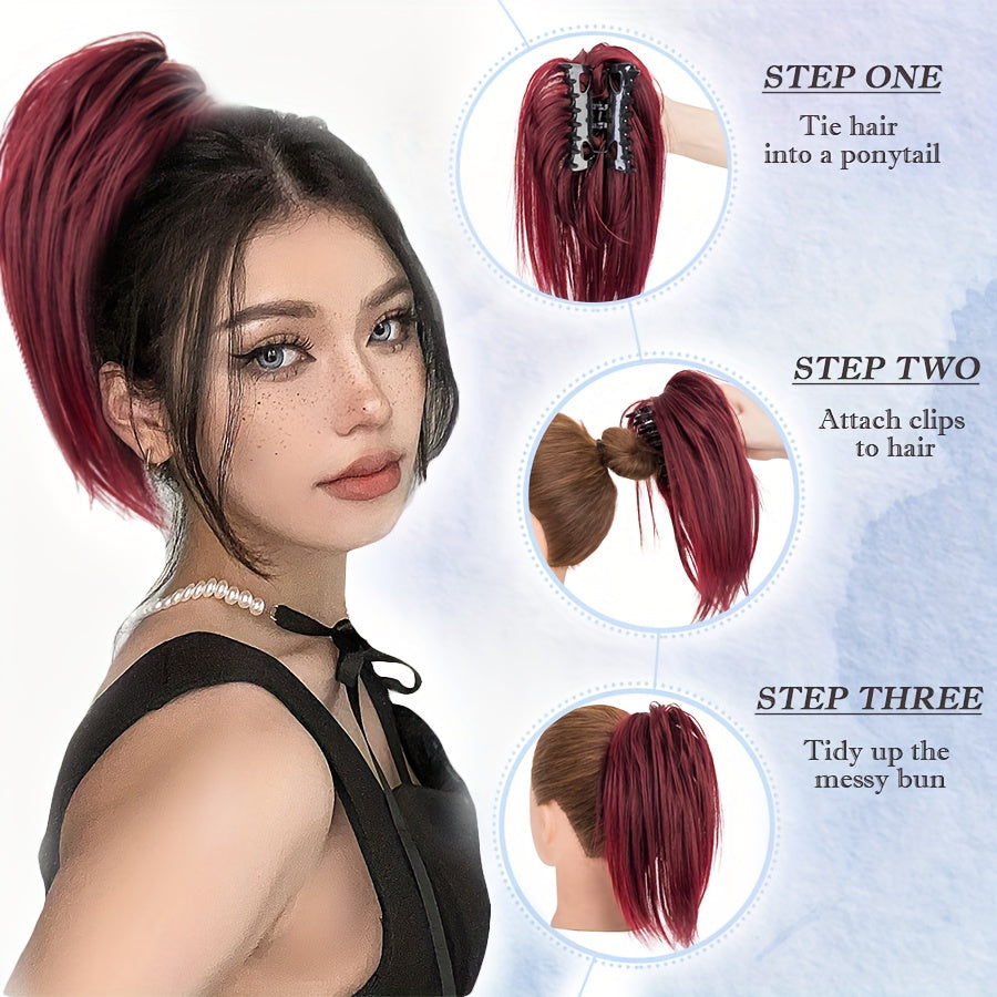 1pc Women'S Synthetic Claw Clip Messy Bun Ponytail Extension, 12inch/30cm, Tousled Scrunchies Updo, Lightweight High Fluffy Straight Soft Hairpiece, Basics Style, for Party Halloween Christmas Daily Use