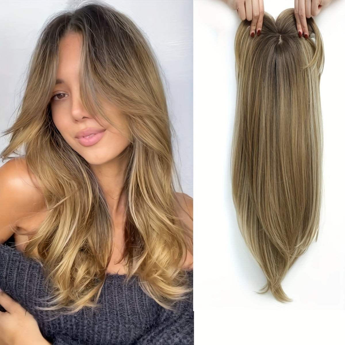 [Synthetic Hairpiece] 22-Inch Light Golden And Bleached Blonde Mixed Hair Top Synthetic Hairpiece | 55 Cm | Synthetic | Swiss Base And 3 Clips | Thinning Hair And Gray Hair Loss