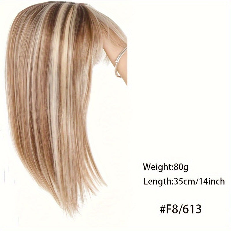 14-Inch Synthetic Hair Topper for Women with Bangs - Clip-In Straight Hairpiece for Thinning Hair, Large Base Wiglet, Black with Highlights, Versatile Style for All Ethnicities, Hair Accessories