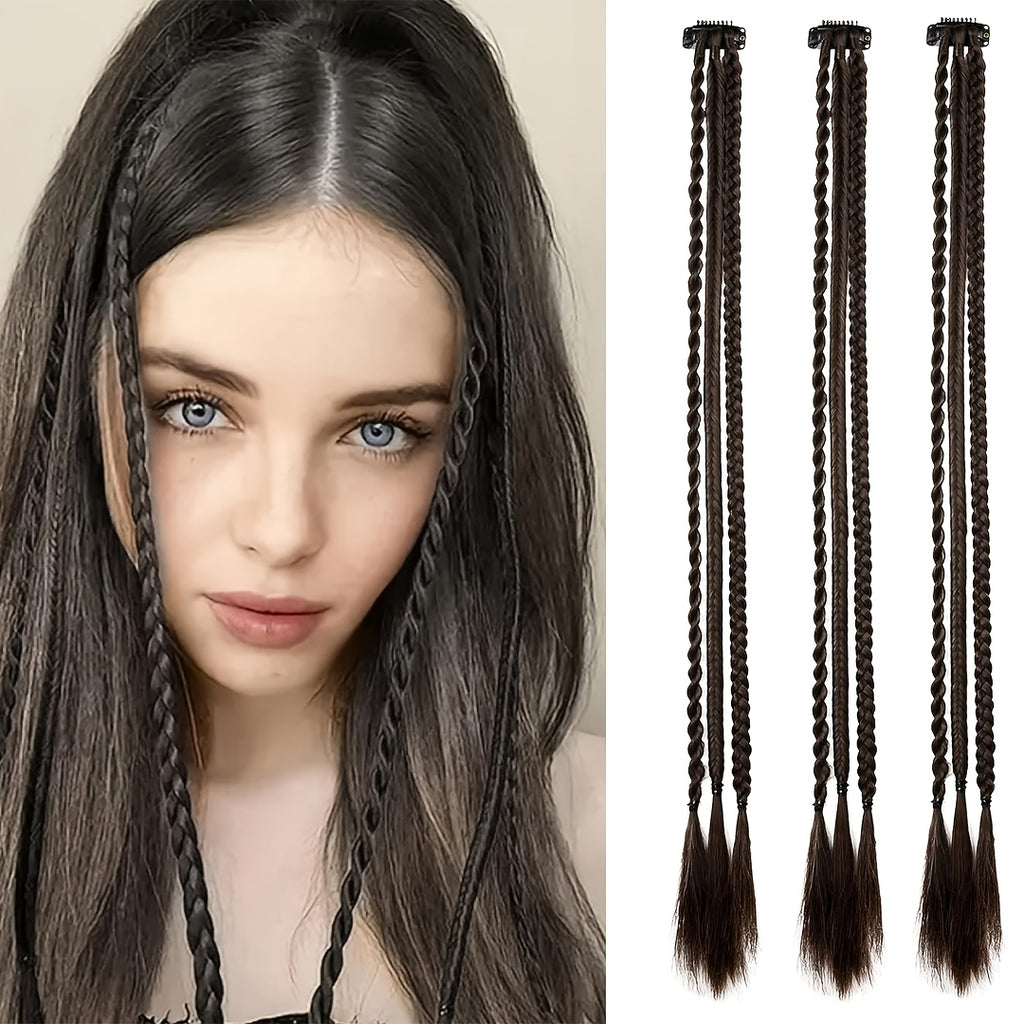 Braid Hair Extensions, 3pcs Clip in Hair Extensions Baby Braids, 3 Braids on One Clip 6 Braids Total, 22" Long Natural Soft Synthetic Hairpieces for Women