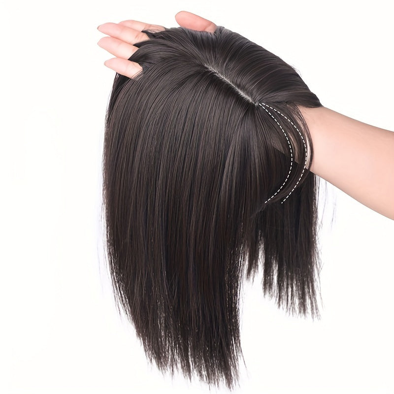 14-Inch Synthetic Hair Topper for Women with Bangs - Clip-In Straight Hairpiece for Thinning Hair, Large Base Wiglet, Black with Highlights, Versatile Style for All Ethnicities, Hair Accessories